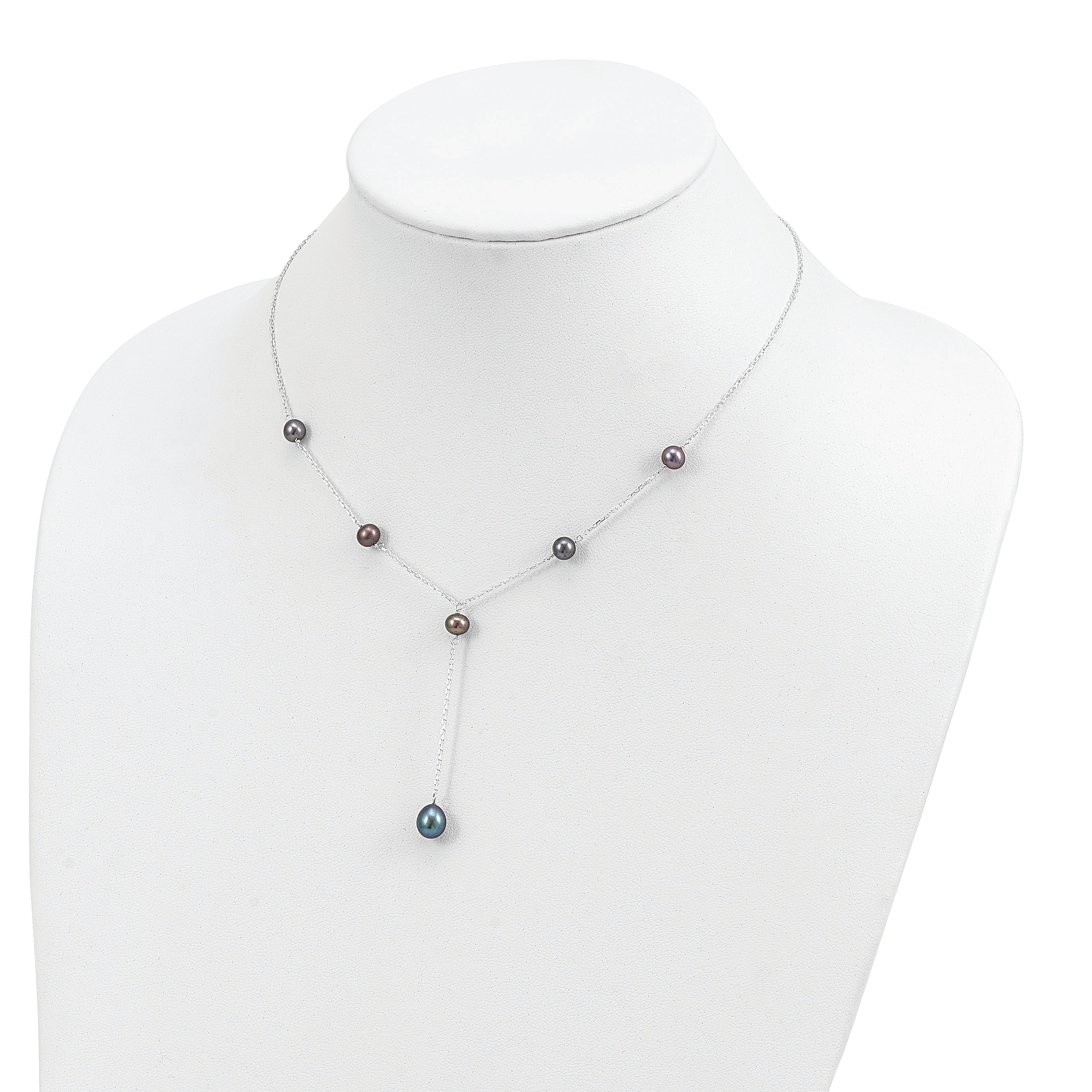 Sterling Silver Rhodium-plated 6-8mm Black Teardrop and Semi-Round Freshwater Cultured Pearl 6-Station Y-Drop 16 inch Necklace