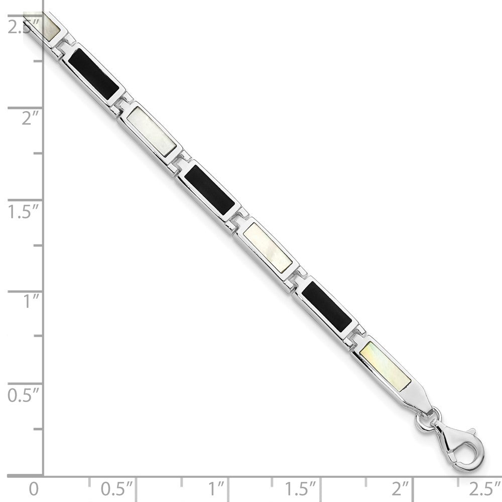 Sterling Silver Rhodium-plated 7in Onyx/Mother Of Pearl Bracelet