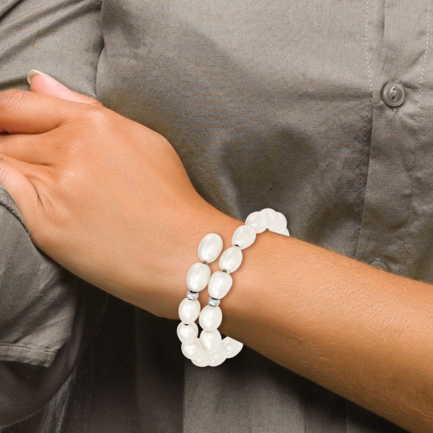 Sterling Silver Rhodium-plated 7-8mm White Rice Freshwater Cultured Pearl Flexible 7.5 inch Bracelet