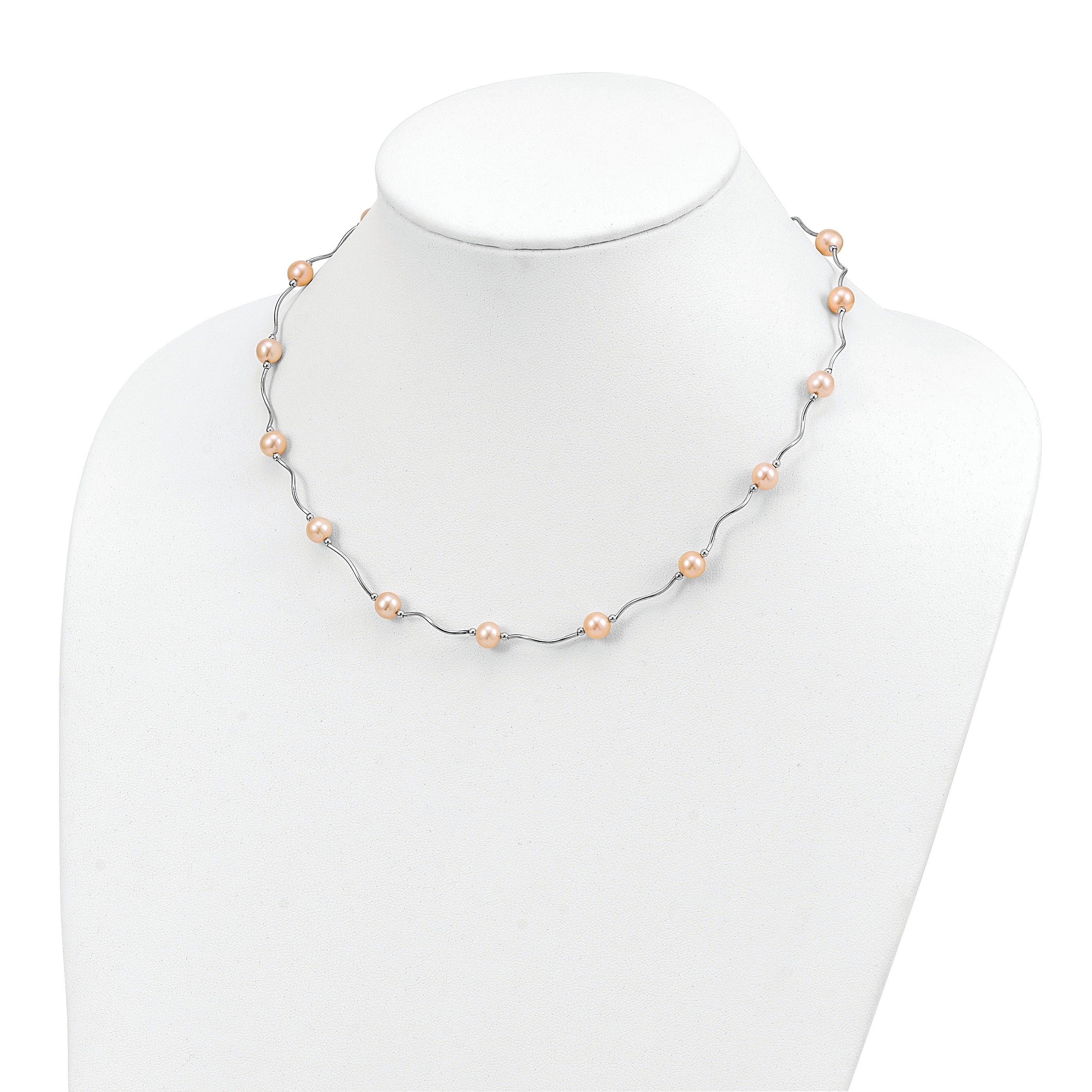 Sterling Silver Rhodium-plated 6-7mm Pink Near-Round Freshwater Cultured Pearl 18-Station 18 inch Necklace