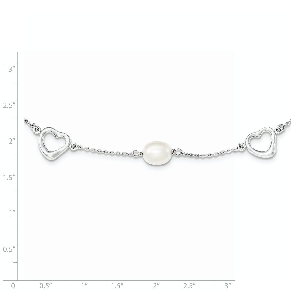 Sterling Silver Rhodium-plated 7-8mm White Teardrop Freshwater Cultured Pearl and Hearts 17 inch with 2 inch Extension Necklace