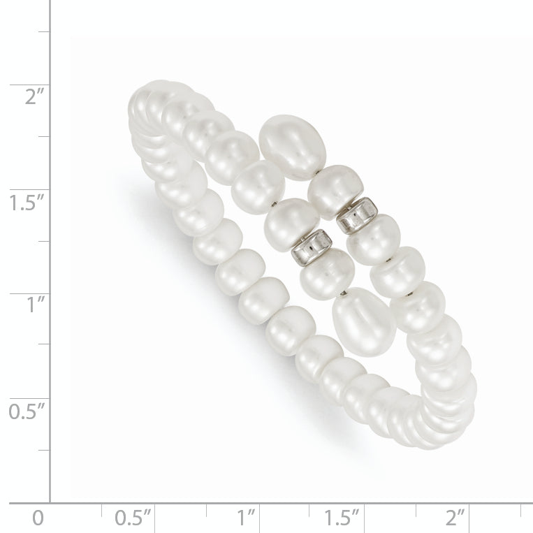 Sterling Silver Rhodium-plated 6-8mm White Button and Rice Freshwater Cultured Pearl Flexible 7.5 inch Bracelet