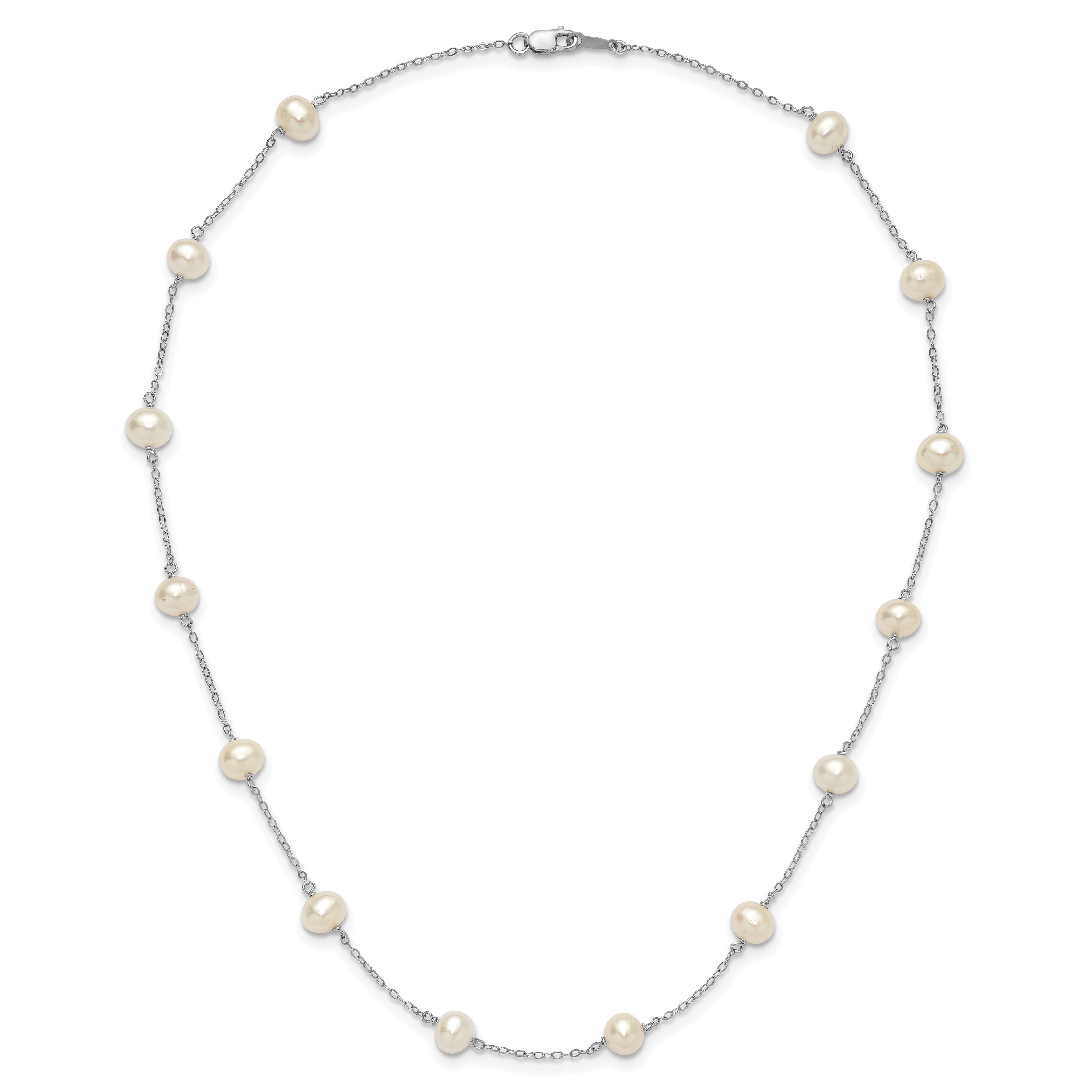 Sterling Silver Rhodium-plated 6-7mm White Near-Round Freshwater Cultured Pearl 14-Station 18 inch Necklace