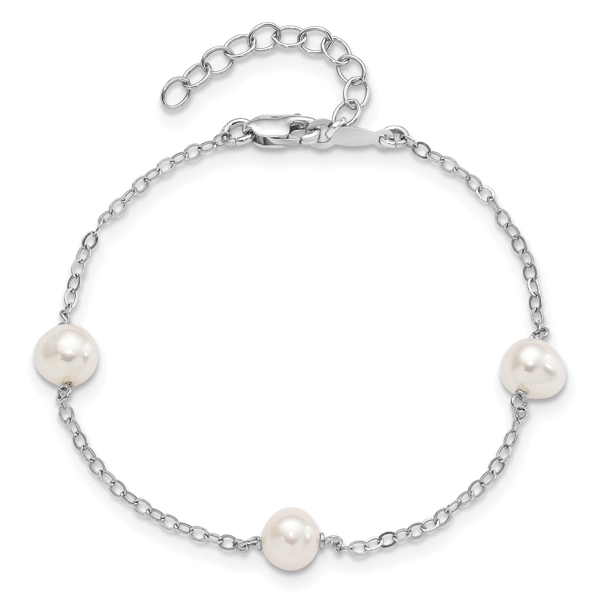 Sterling Silver Rhodium-plated 5-6mm White Freshwater Cultured Pearl 3-Stations 5.5 inch with 1 inch Extension Bracelet