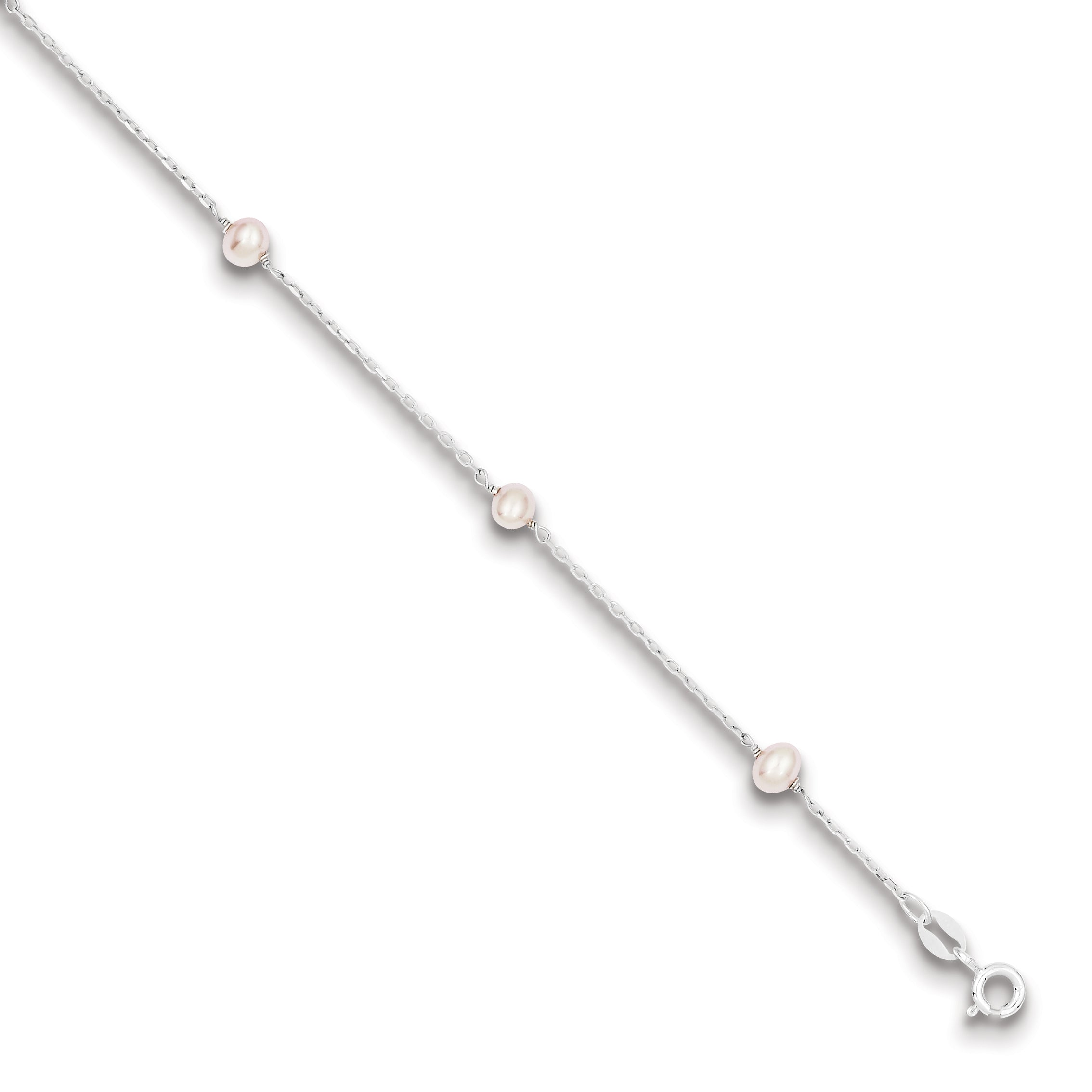 Sterling Silver Rhodium-plated 4-5mm Pink Semi-Round Freshwater Cultured Pearl 3-Station 5 inch with 1 inch Extension Children's Bracelet