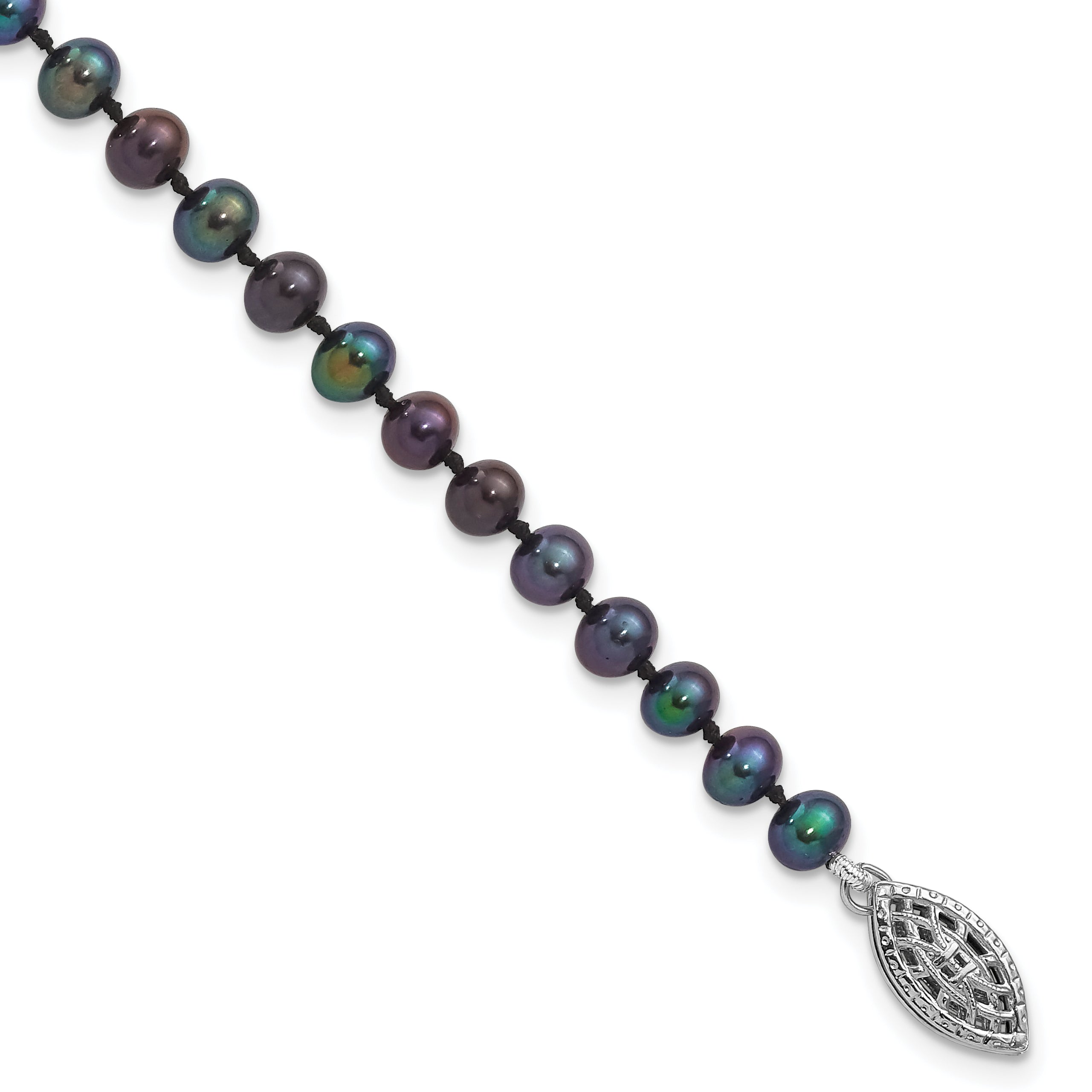 Sterling Silver Rhodium-plated 4-5mm Black Near-Round Freshwater Cultured Pearl 7.25 inch Bracelet