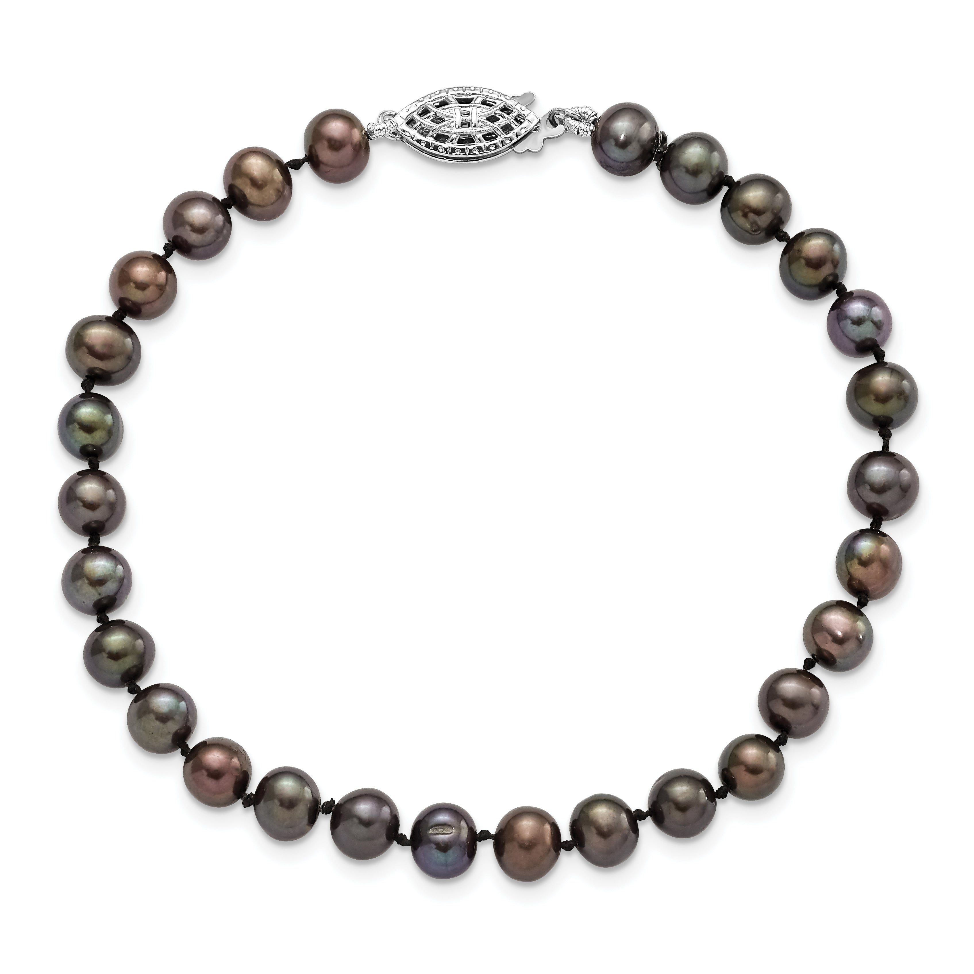 Sterling Silver Rhodium-plated 5-6mm Black Near-Round Freshwater Cultured Pearl 7.25 inch Bracelet