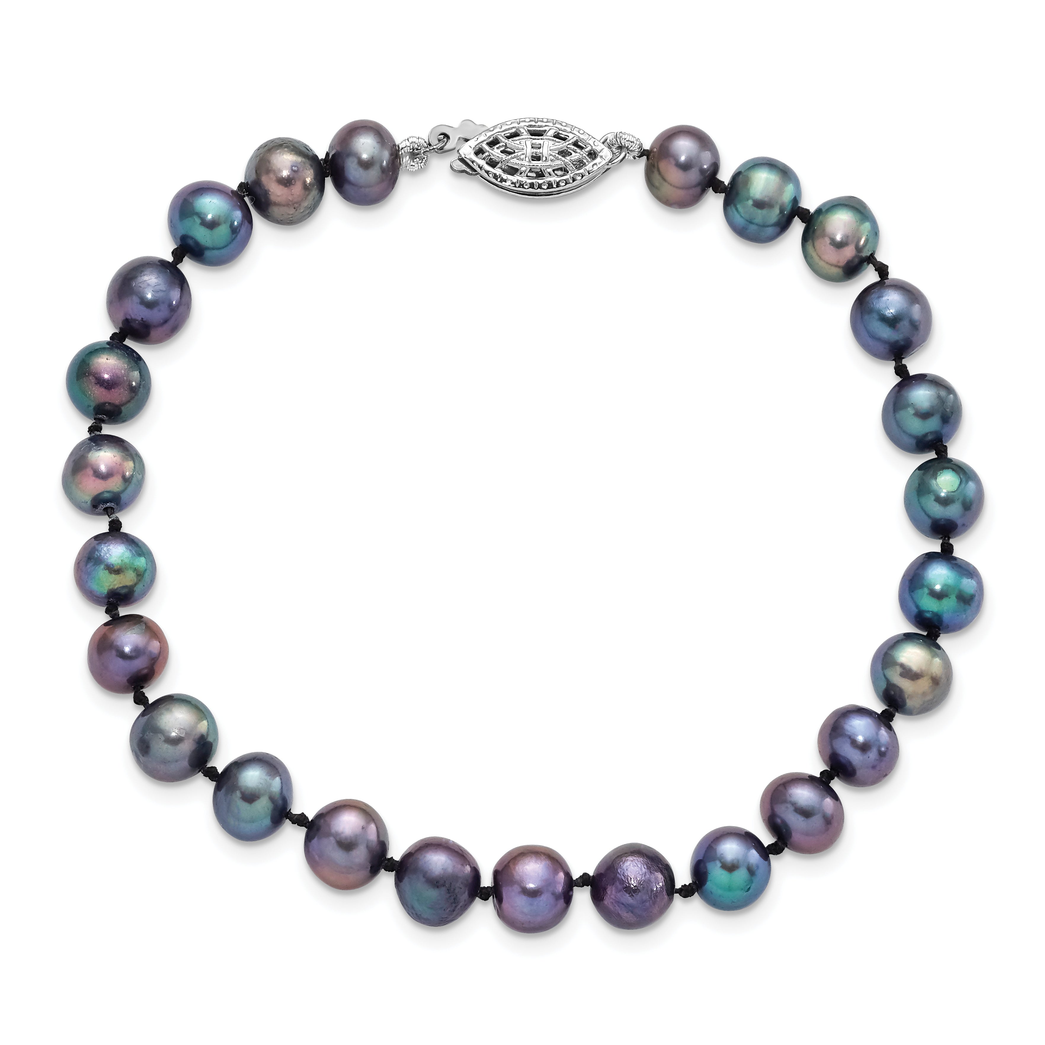 Sterling Silver Rhodium-plated 6-7mm Black Near-Round Freshwater Cultured Pearl 7.25 inch Bracelet
