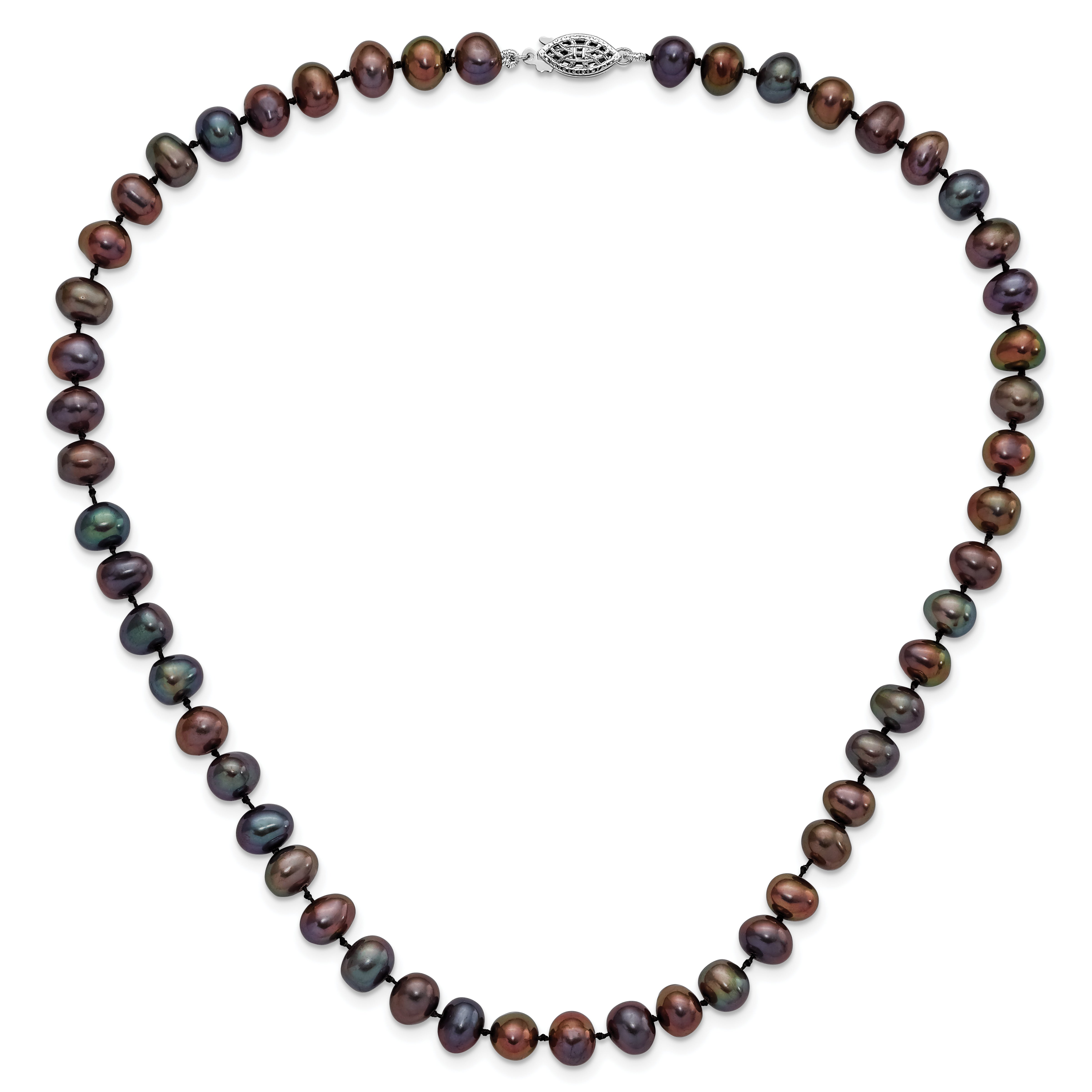 Sterling Silver Rhodium-plated 7-8mm Black Near-Round Freshwater Cultured Pearl 16 inch Necklace