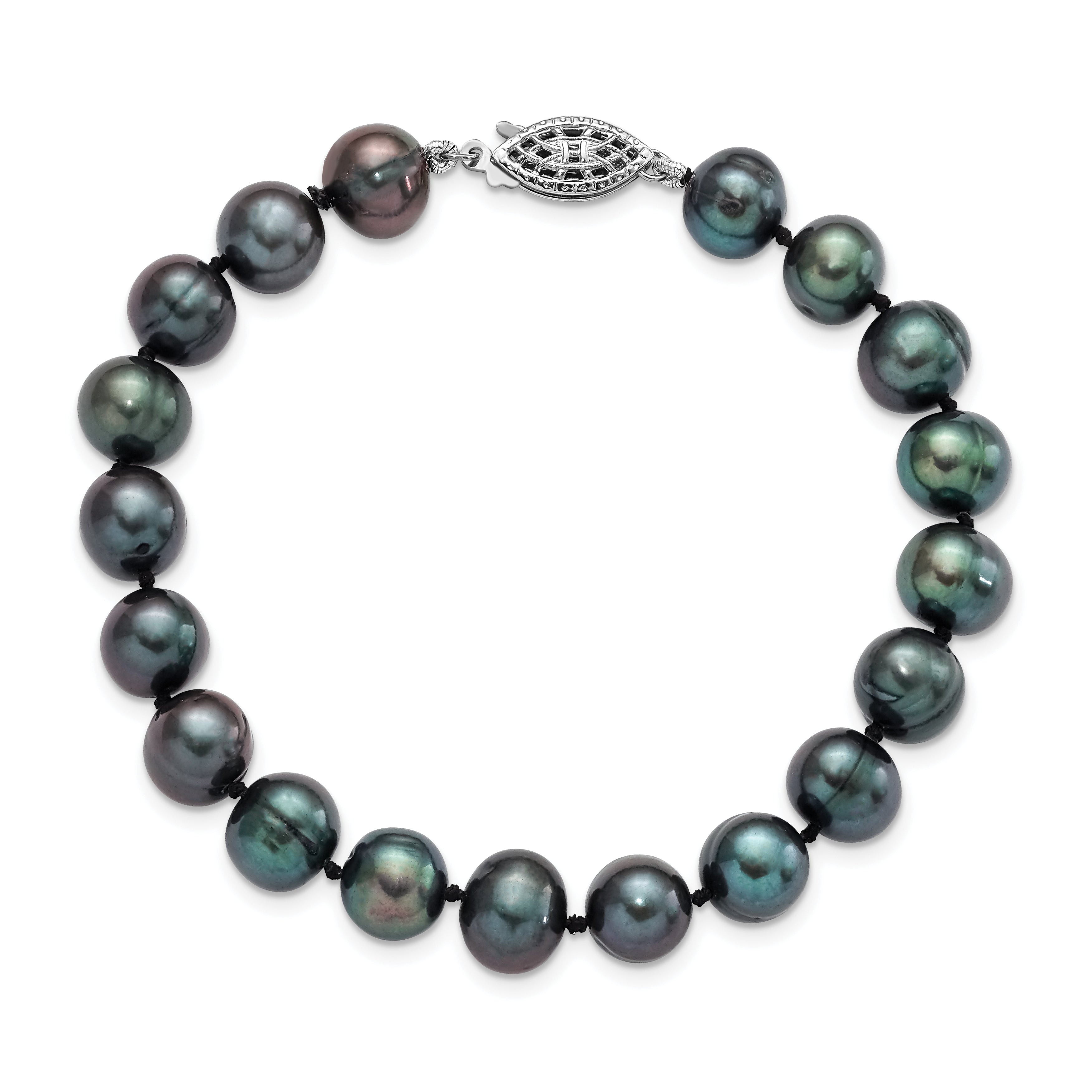 Sterling Silver Rhodium-plated 8-9mm Black Near-Round Freshwater Cultured Pearl 7.25 inch Bracelet