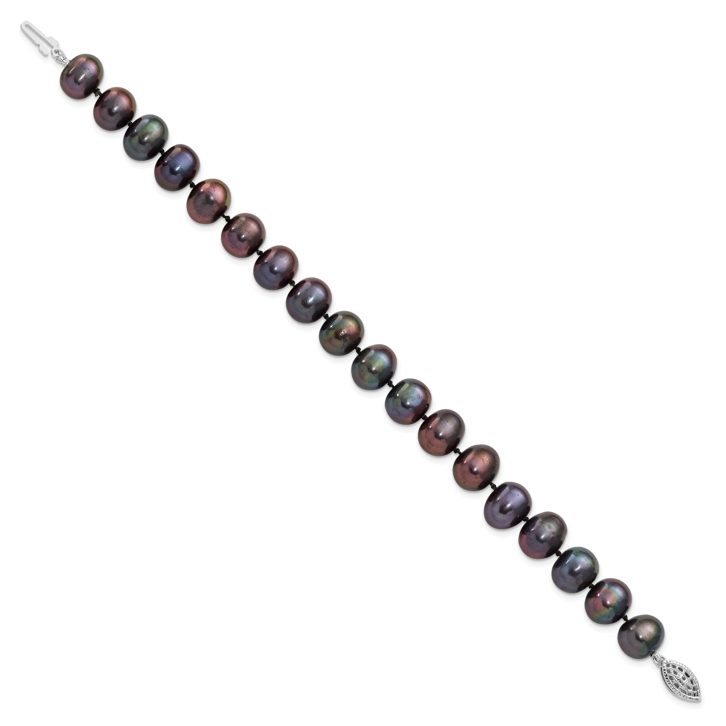 Sterling Silver Rhodium-plated 9-10mm Black Near-Round Freshwater Cultured Pearl 7.25 inch  Bracelet