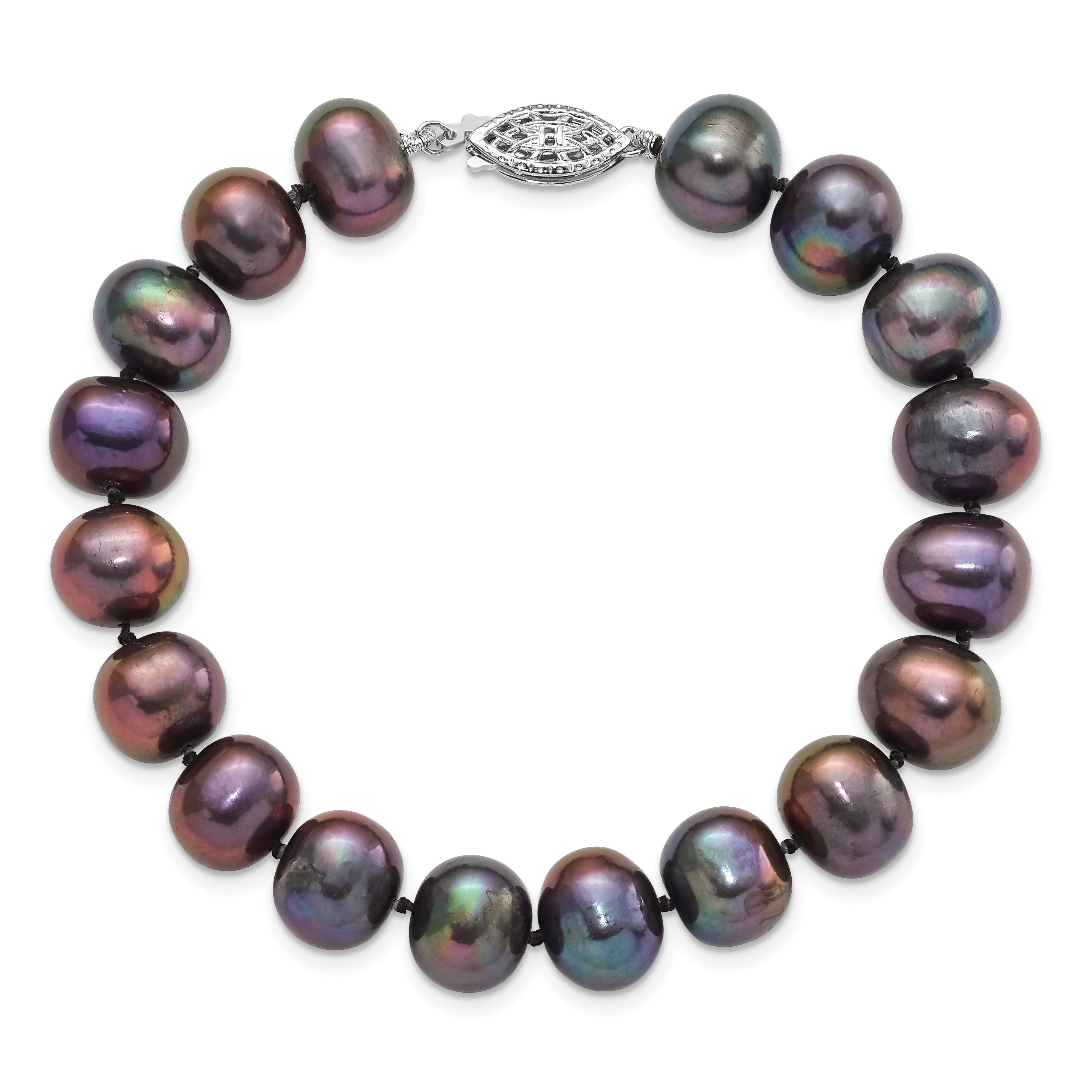 Sterling Silver Rhodium-plated 9-10mm Black Near-Round Freshwater Cultured Pearl 7.25 inch  Bracelet