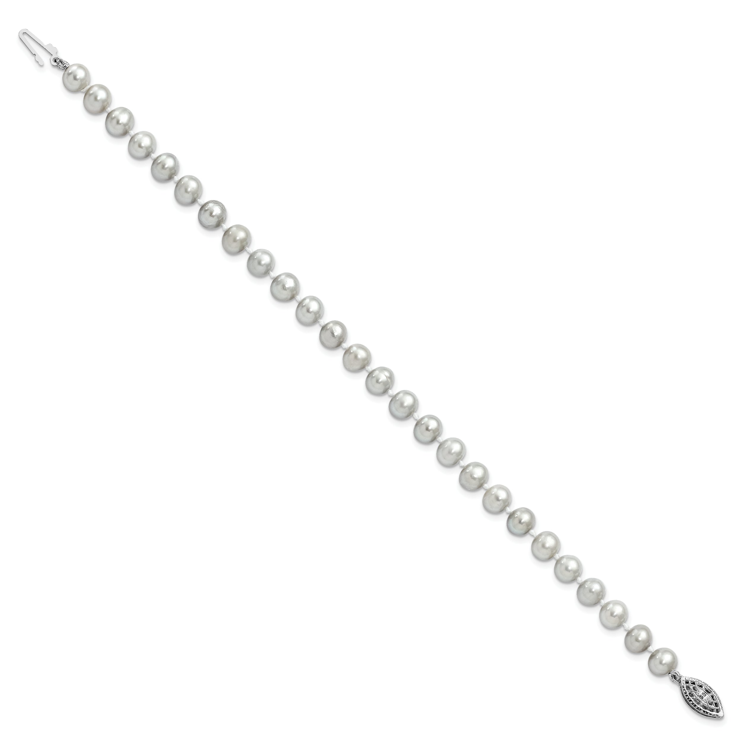 Sterling Silver Rhodium-plated 6-7mm Grey Near-Round Freshwater Cultured Pearl 7.25 inch Bracelet