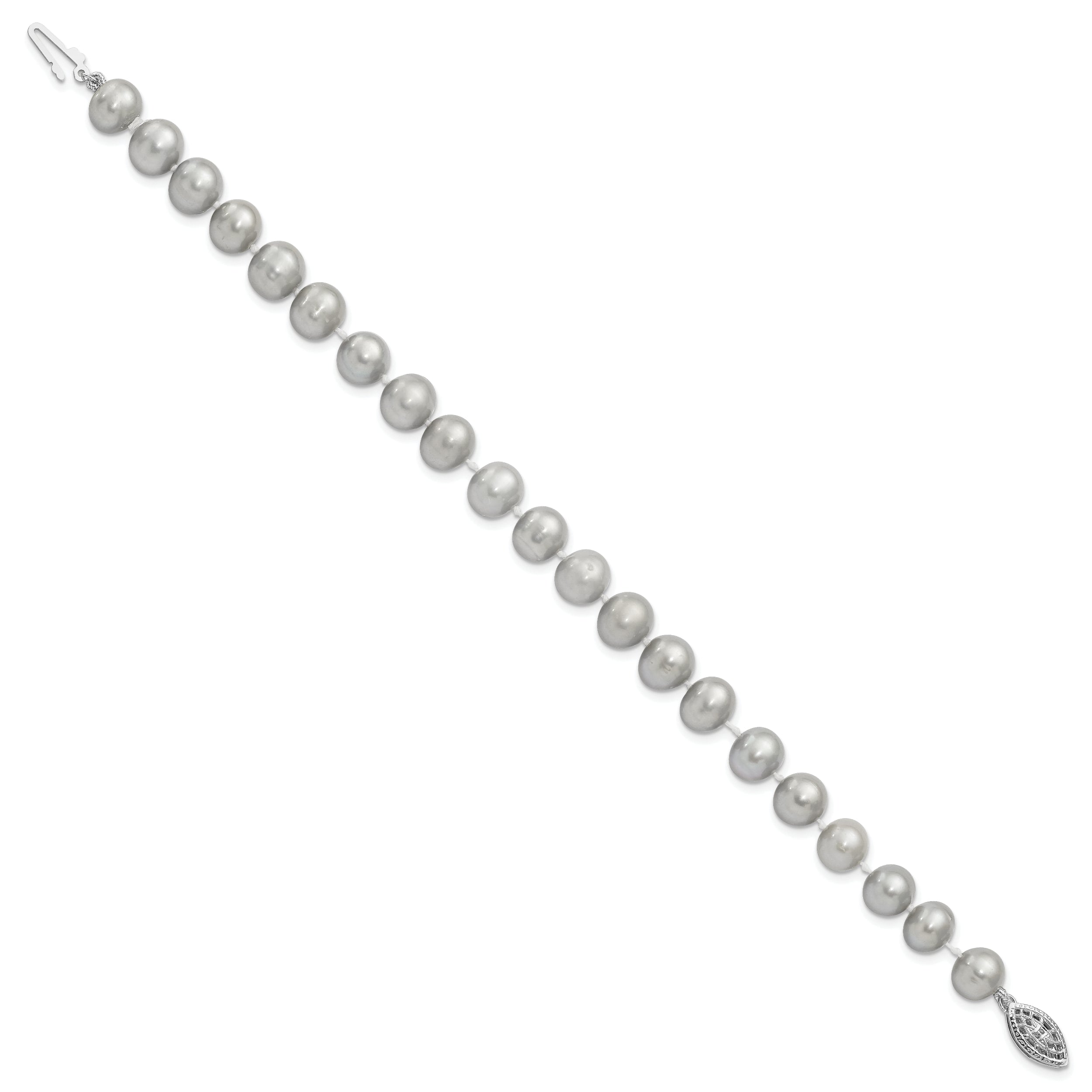 Sterling Silver Rhodium-plated 7-8mm Grey Near-Round Freshwater Cultured Pearl 7.25 inch Bracelet