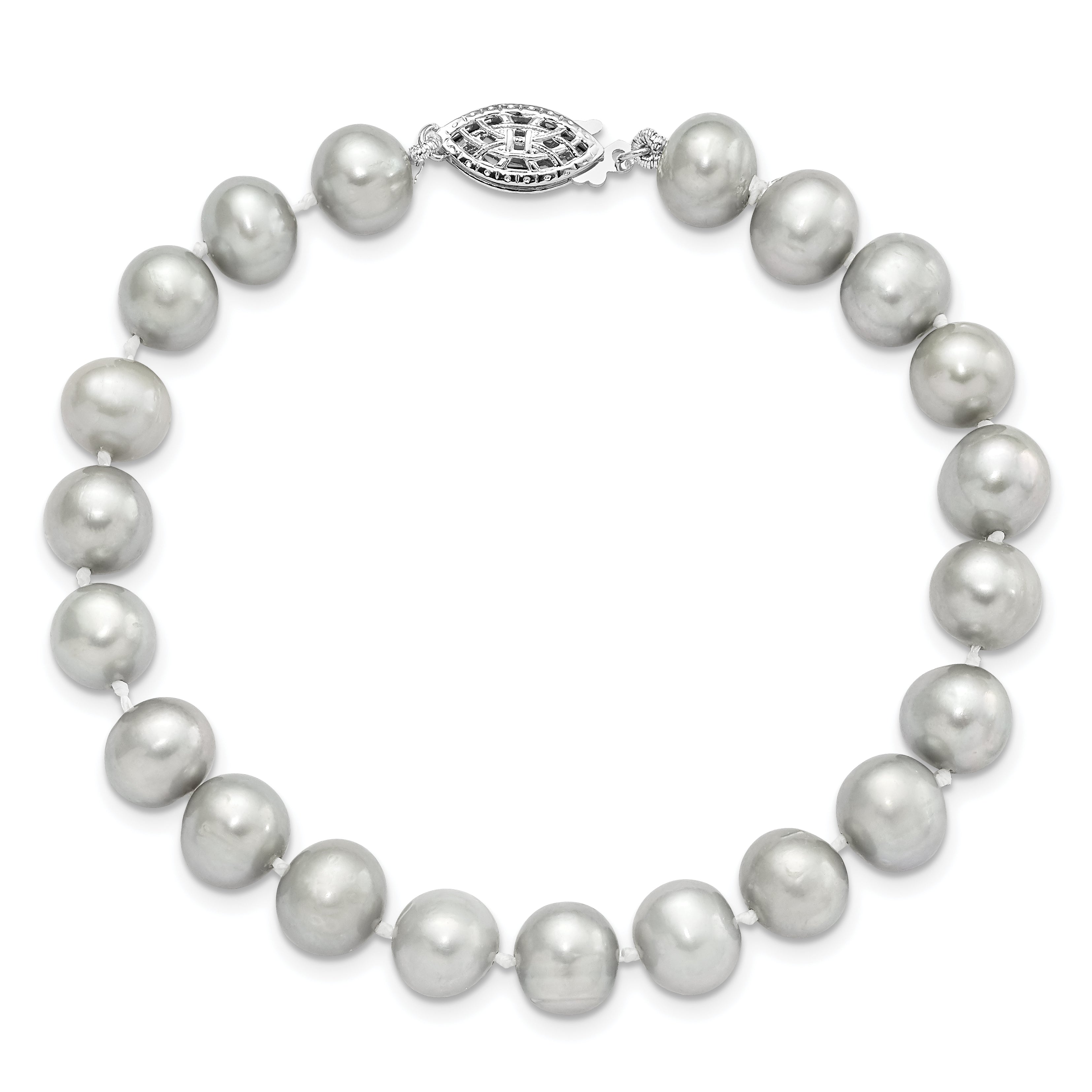Sterling Silver Rhodium-plated 7-8mm Grey Near-Round Freshwater Cultured Pearl 7.25 inch Bracelet
