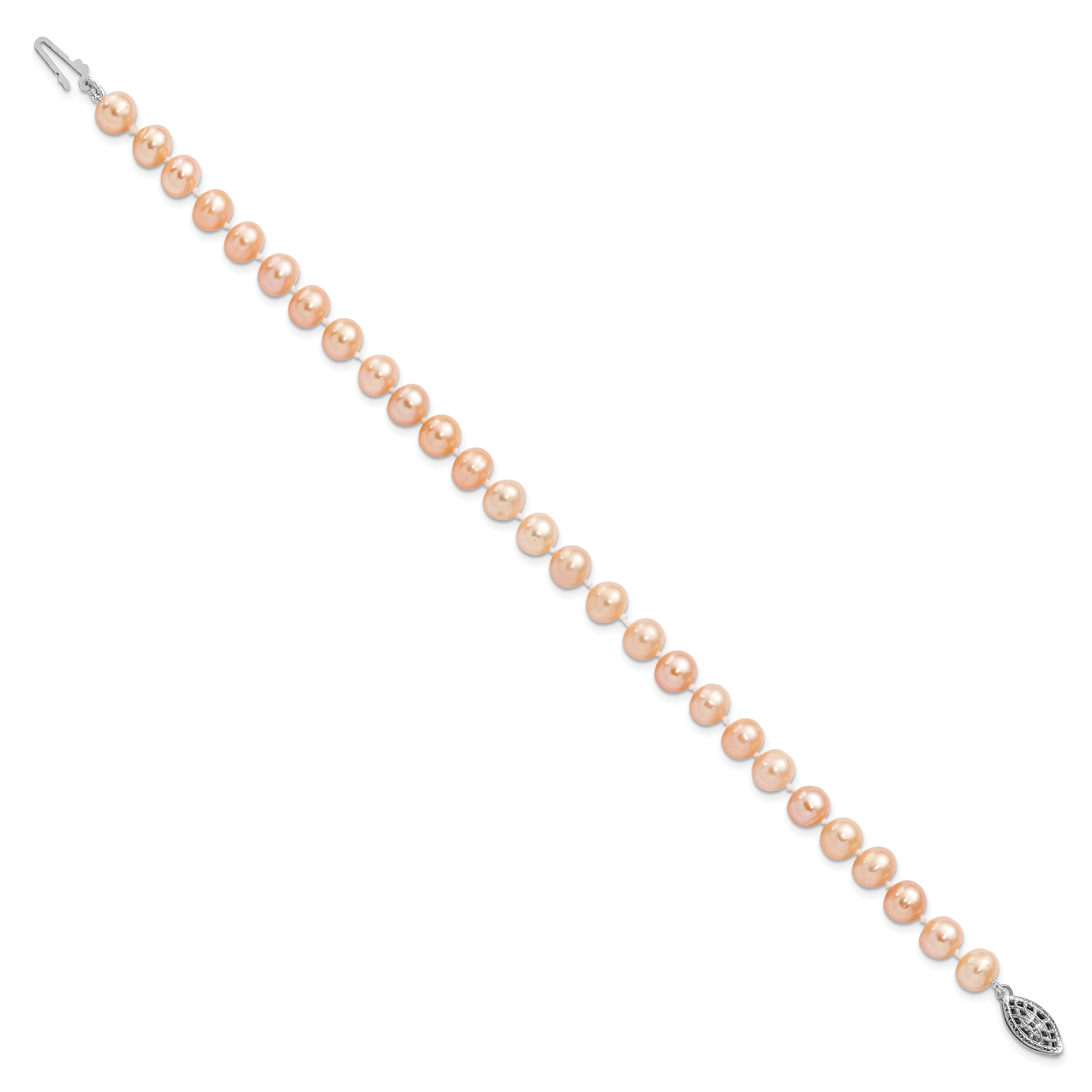 Sterling Silver Rhodium-plated 6-7mm Pink Near-Round Freshwater Cultured Pearl 7.25 inch Bracelet