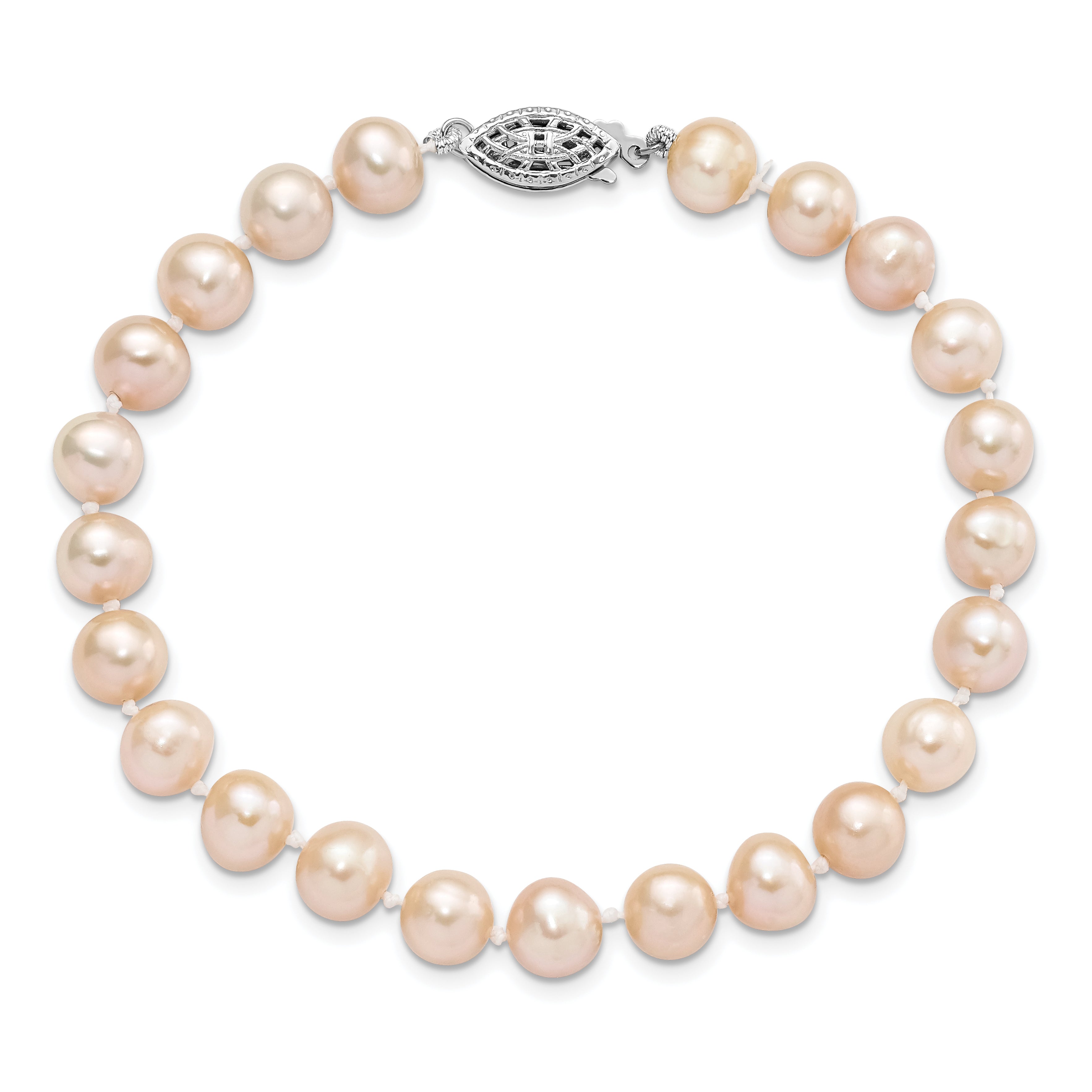 Sterling Silver Rhodium-plated 7-8mm Pink Near-Round Freshwater Cultured Pearl 7.25 inch Bracelet