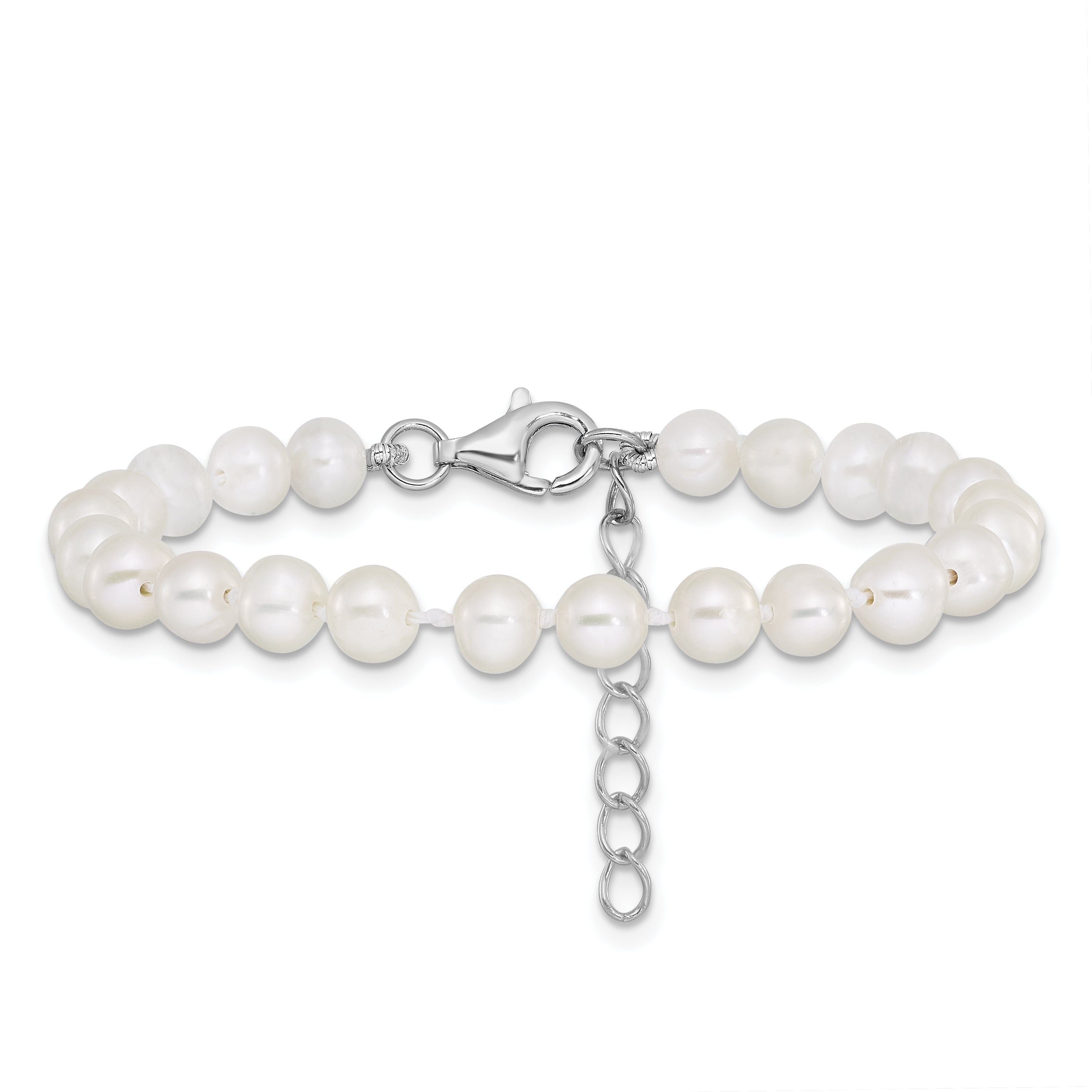 Sterling Silver Rhodium-plated 4-5mm White Semi-Round Freshwater Cultured Pearl 14 inch Necklace, 5 inch Bracelet and Post Earrings Set