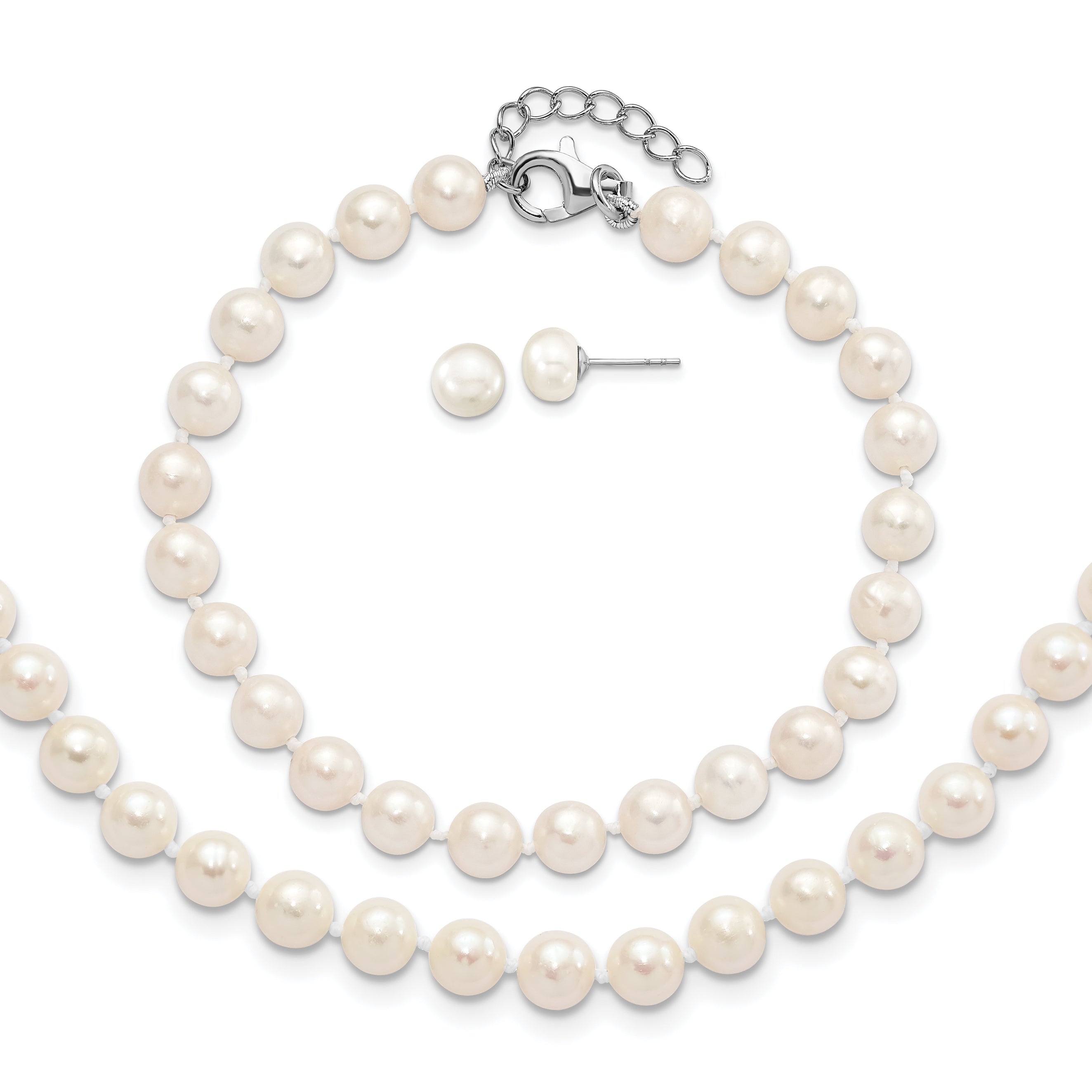 Sterling Silver Rhodium-plated 6-7mm White Semi-Round Freshwater Cultured Pearl 18 inch with 2 inch Extension Necklace, 7 inch Bracelet and Button Post Earrings Set
