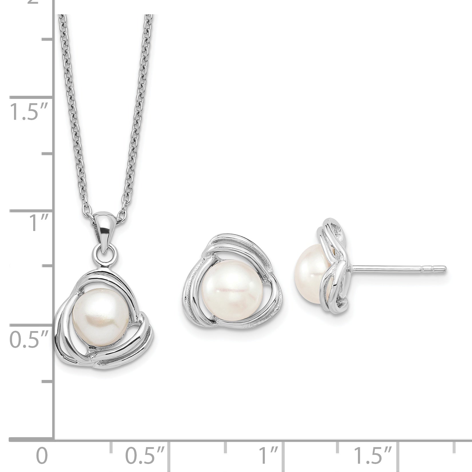 Sterling Silver Rhodium-plated 6-7mm White Button Freshwater Cultured Pearl 17 inch Necklace and Post Earrings Set