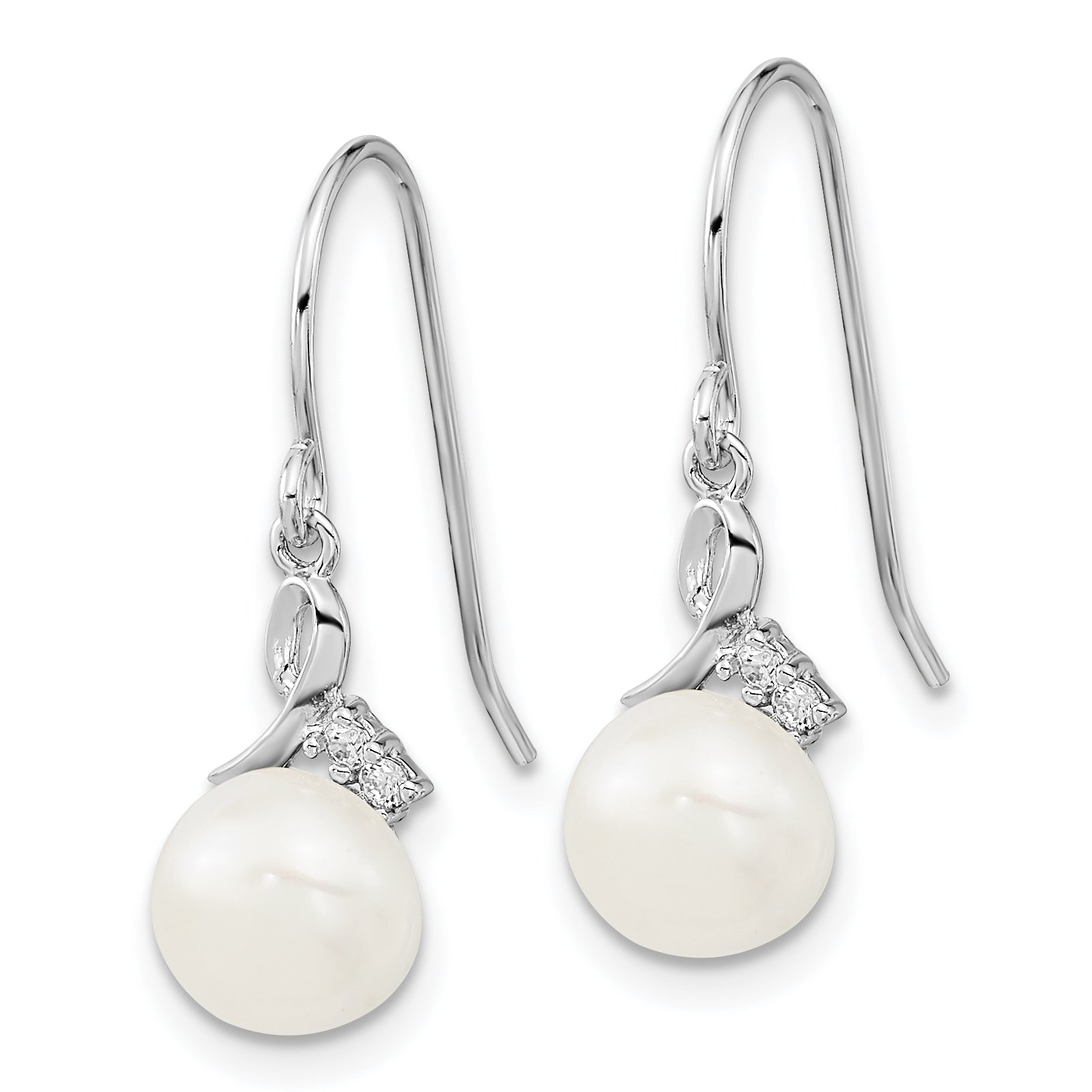 Sterling Silver Rhodium-plated 7-8mm White Semi-Round Freshwater Cultured Pearl and CZ 17 inch Necklace and Dangle Earrings Set