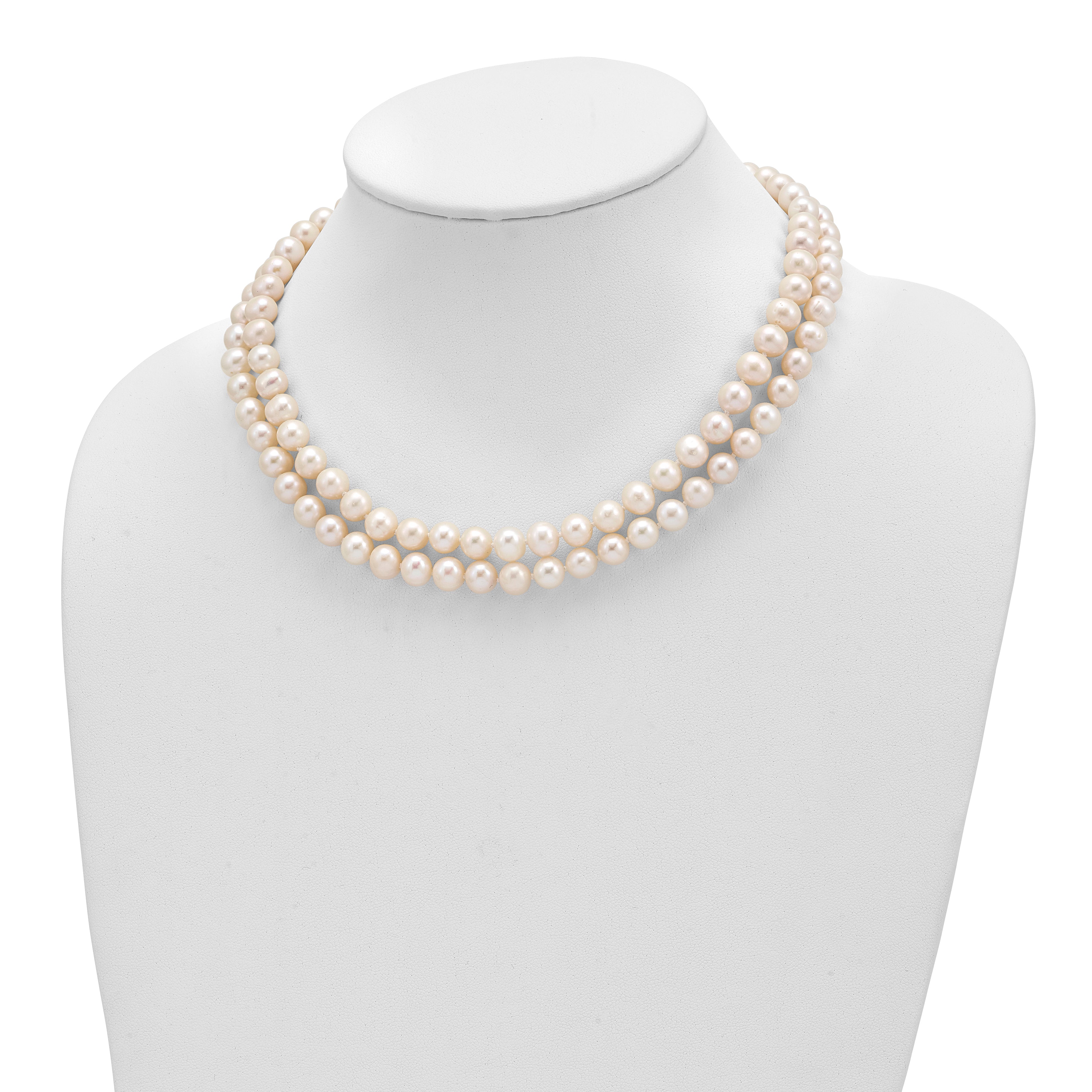 Sterling Silver Rhodium-plated 7.5-8.5mm White Semi-Round Freshwater Cultured Pearl 2-Strand 17 inch Necklace
