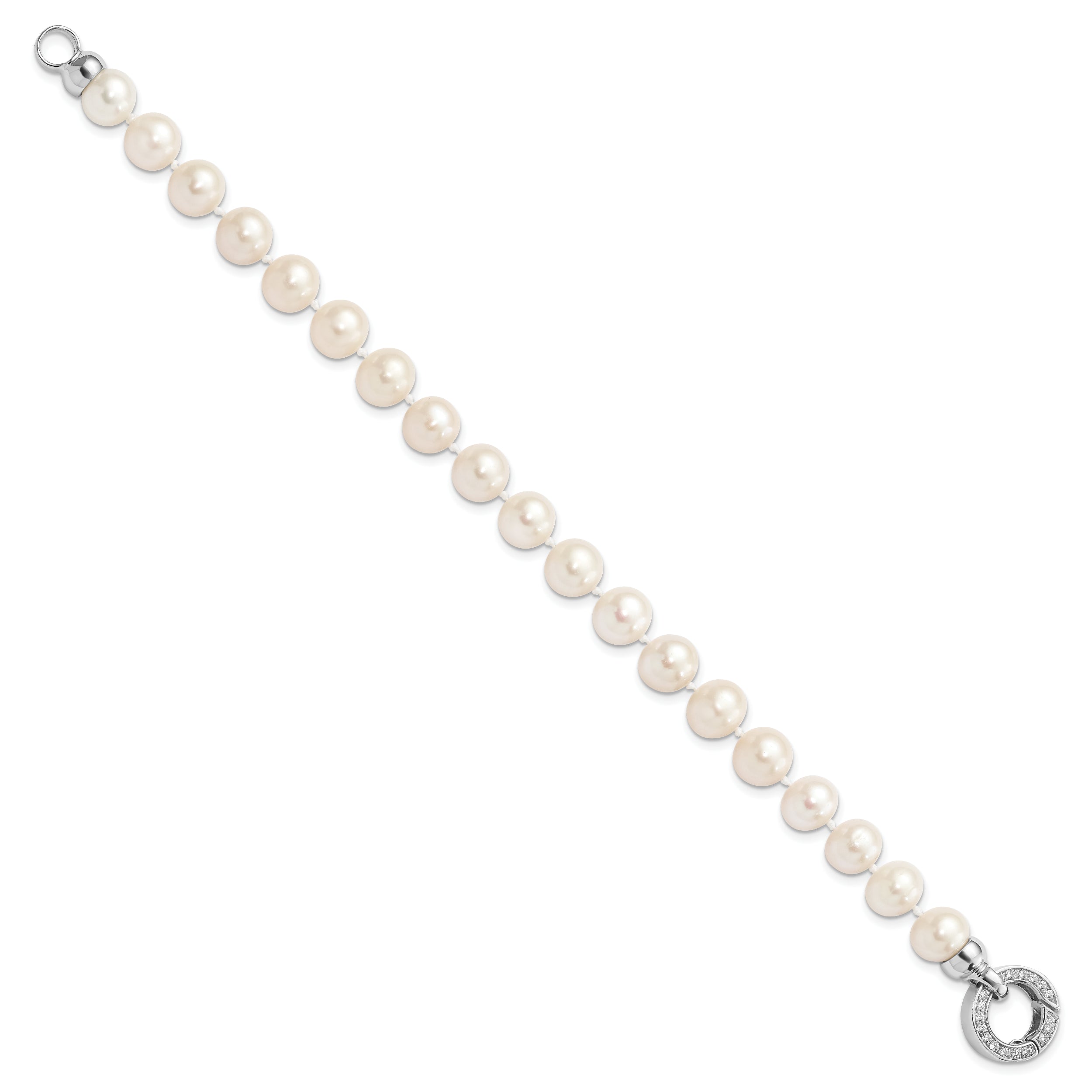 Sterling Silver Rhodium-plated 9-10mm White Near-Round Freshwater Cultured Pearl and CZ Fancy 7.5 inch Bracelet