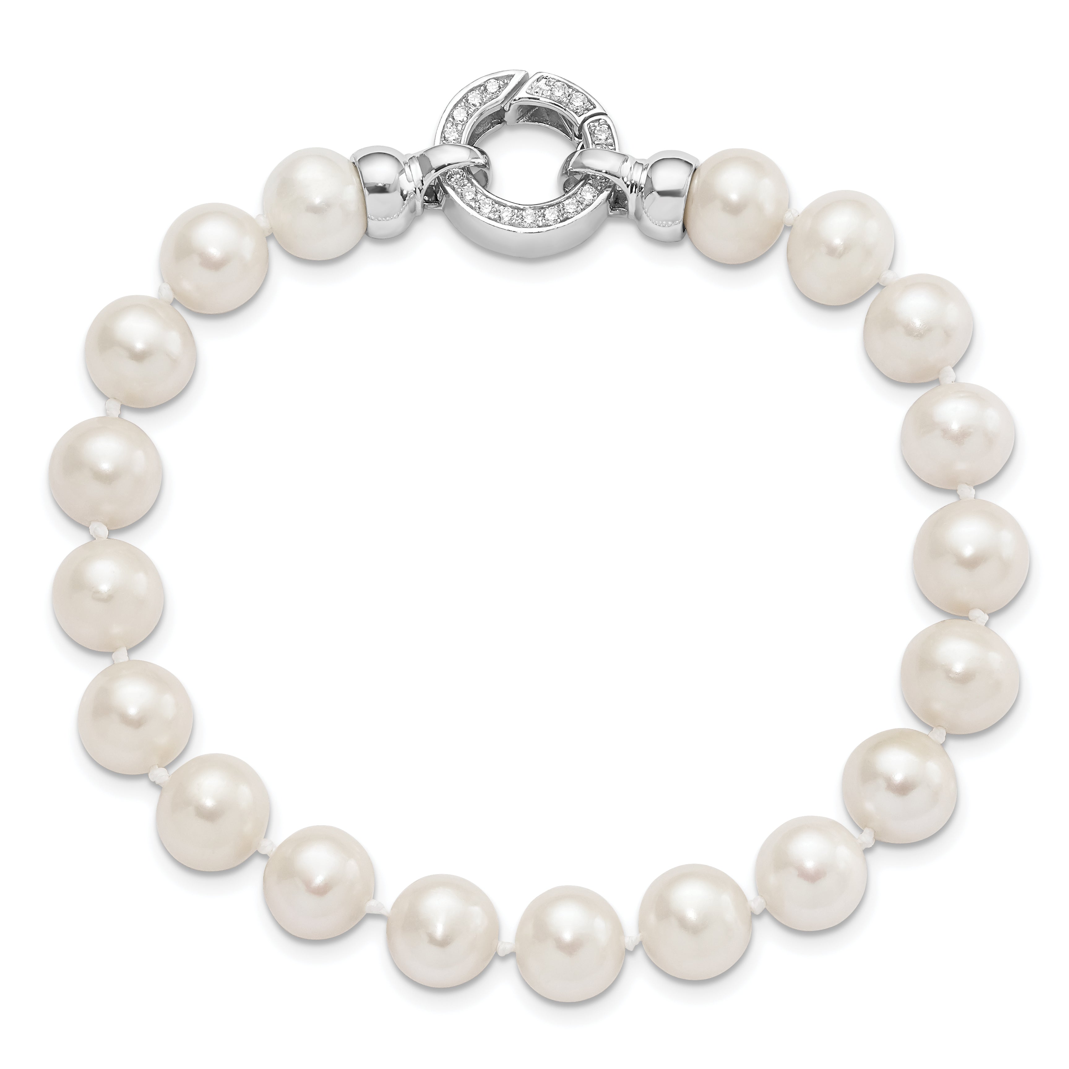 Sterling Silver Rhodium-plated 9-10mm White Near-Round Freshwater Cultured Pearl and CZ Fancy 7.5 inch Bracelet