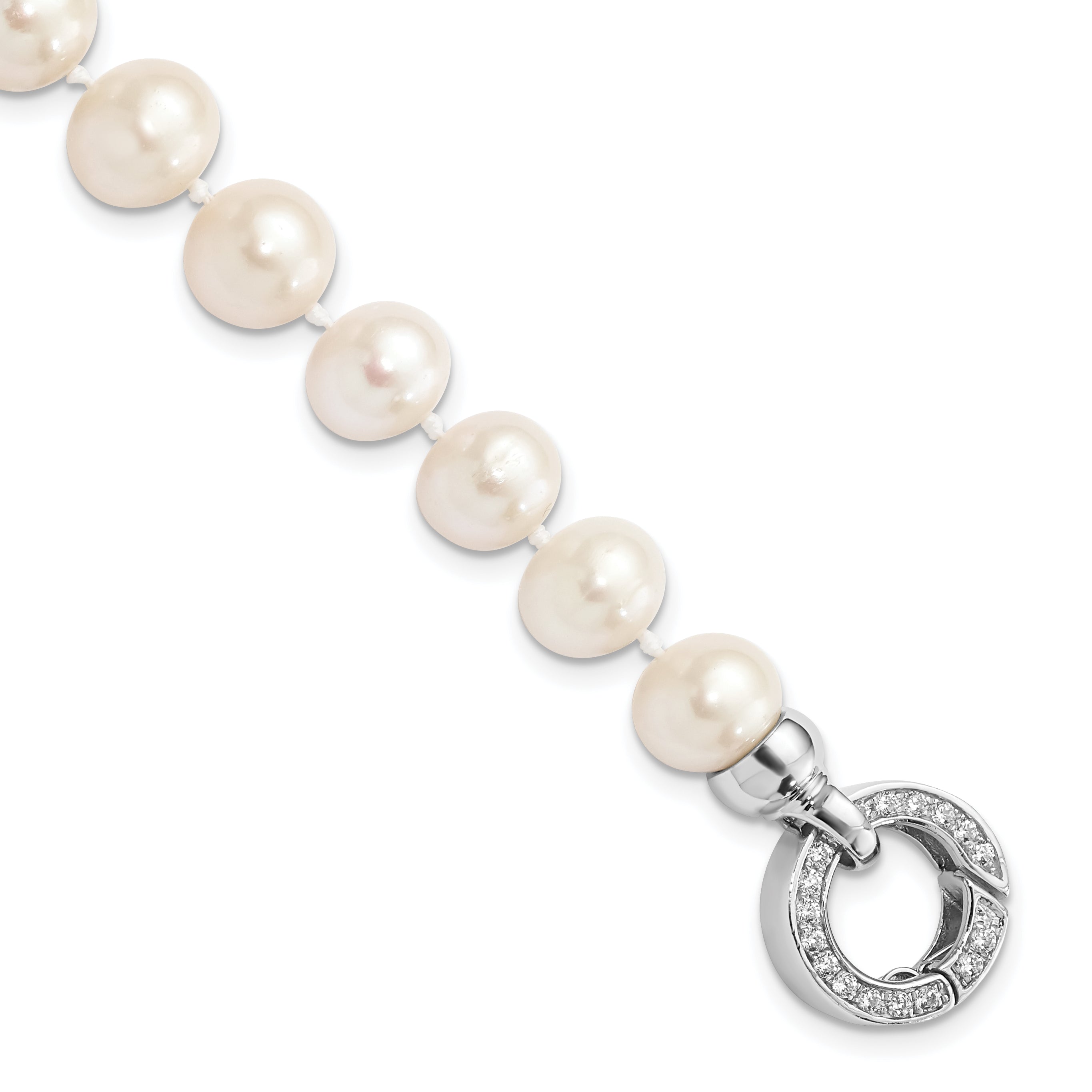 Sterling Silver Rhodium-plated 9-10mm White Near-Round Freshwater Cultured Pearl and CZ Fancy 7.5 inch Bracelet