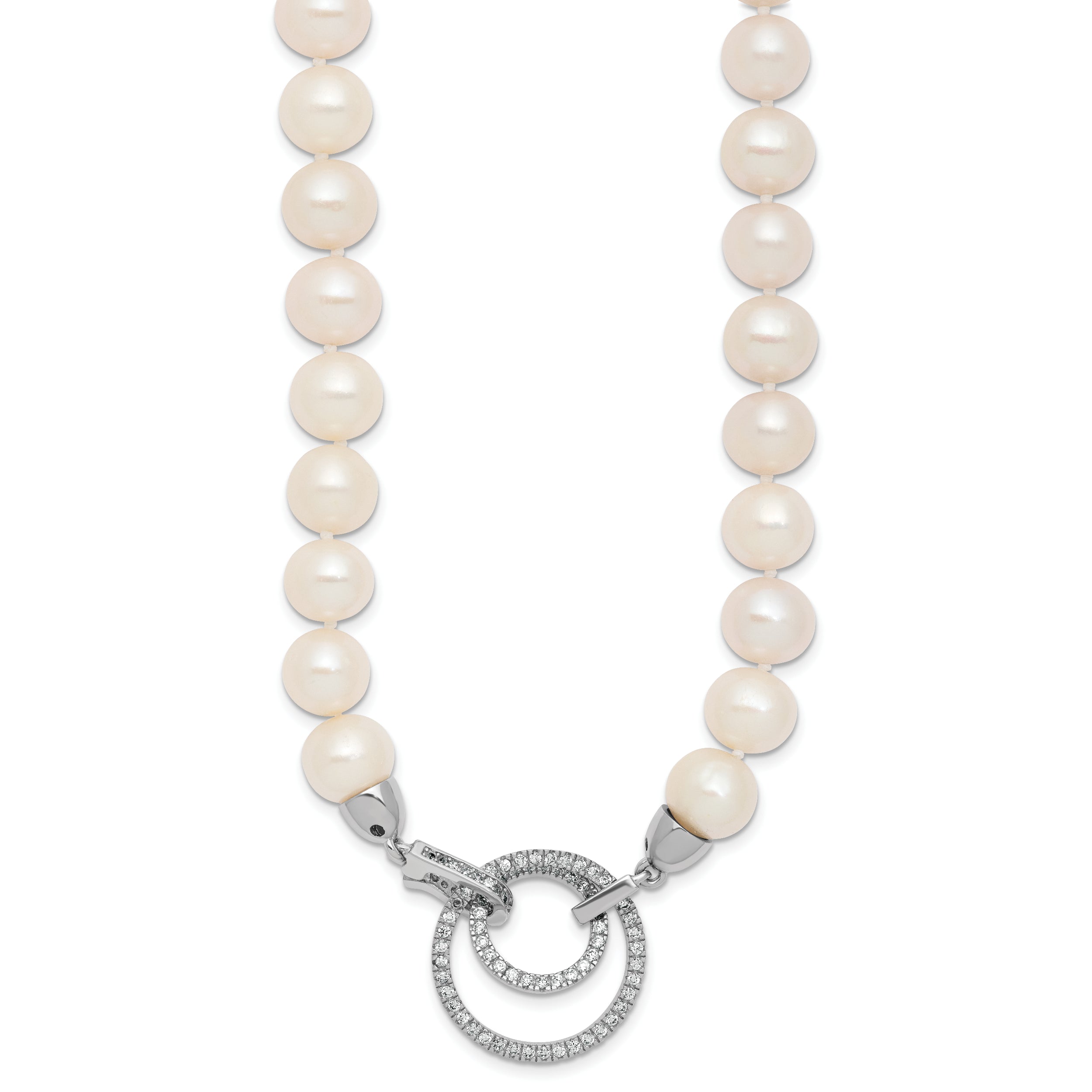 Sterling Silver Rhodium-plated 10-11mm White Near-Round Freshwater Cultured Pearl and CZ Clasp Adjustable 19.5 inch Necklace