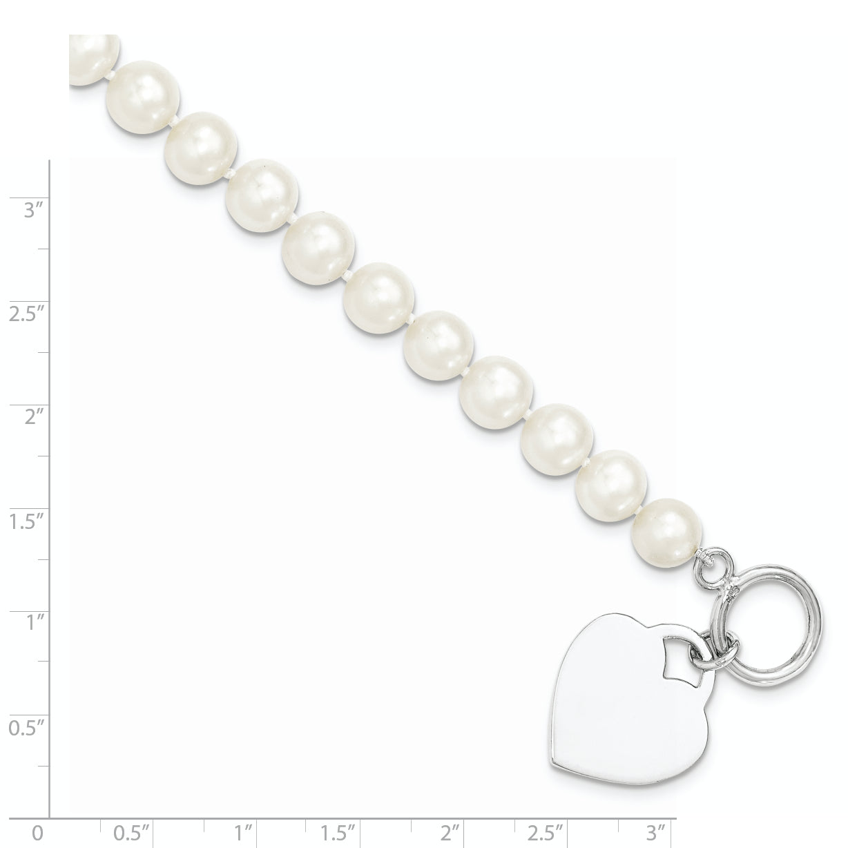 Sterling Silver Rhodium-plated 8-9mm White Near-Round Freshwater Cultured Pearl Heart Toggle 7.5 inch Bracelet