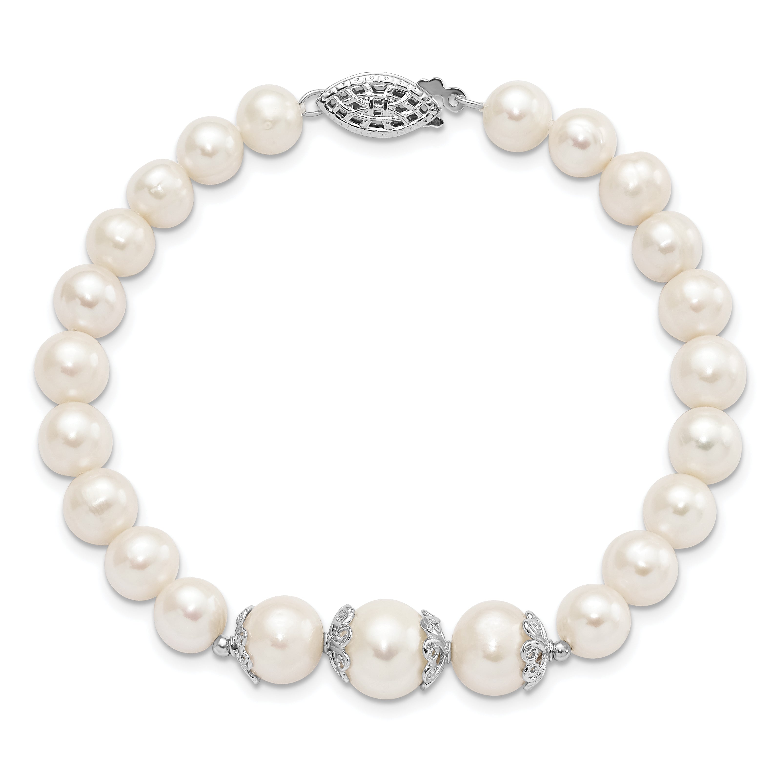 Sterling Silver Rhodium-plated 7-10mm White Near-Round Freshwater Cultured Pearl Fancy 7 inch Bracelet