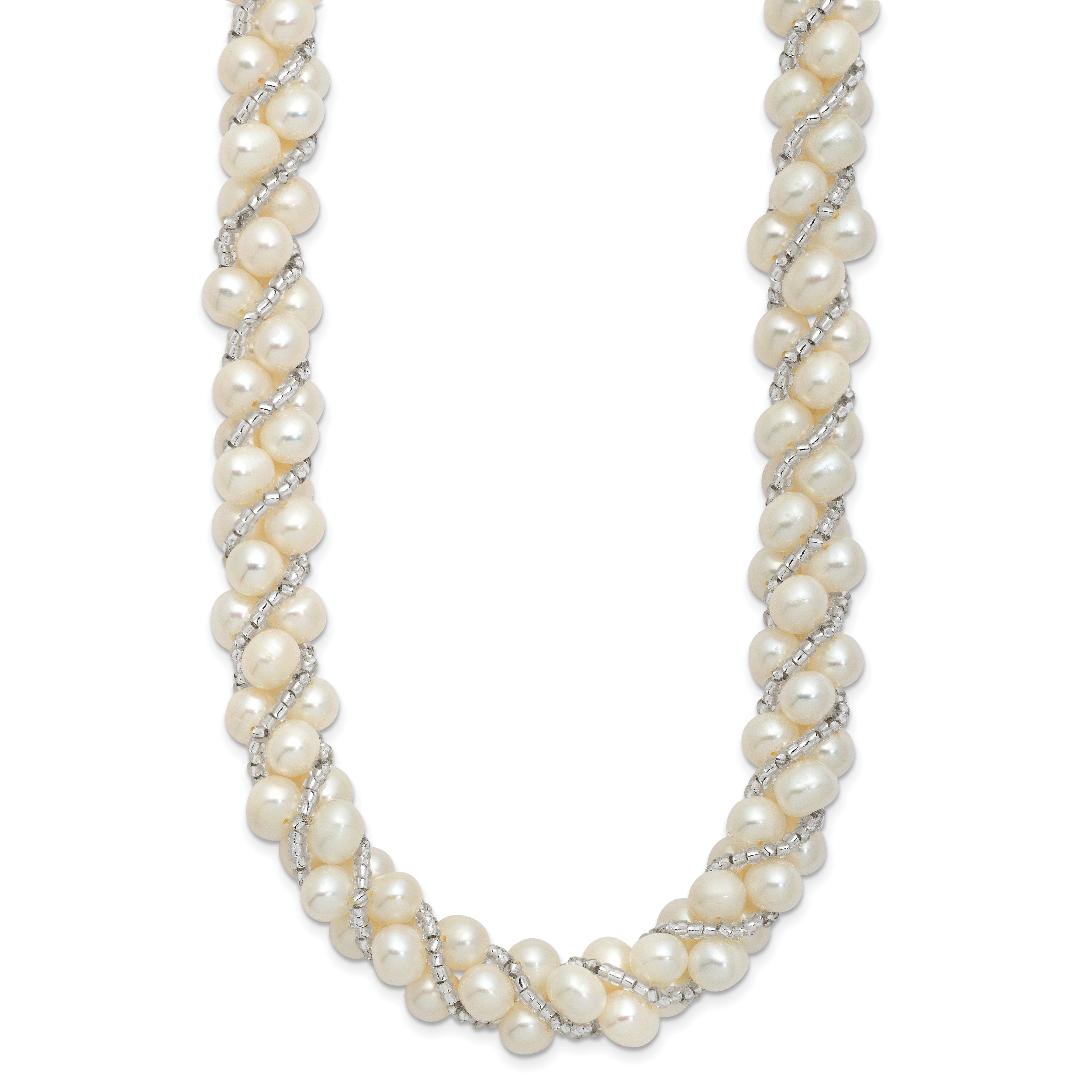 Sterling Silver Rhodium-plated 6-7mm White Near-Round Pearl and Glass Beaded Twisted 18 inch Necklace
