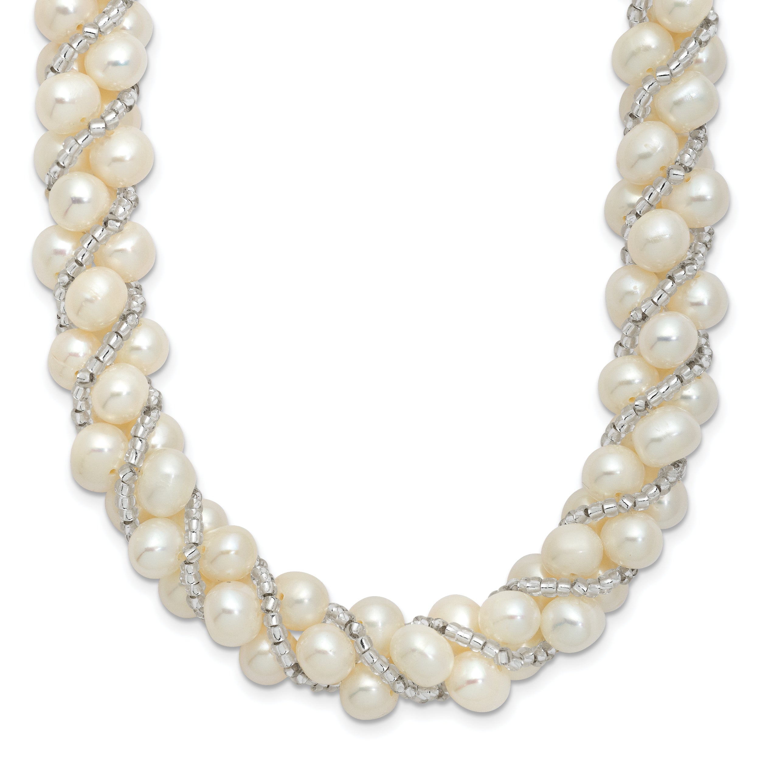 Sterling Silver Rhodium-plated 6-7mm White Near-Round Pearl and Glass Beaded Twisted 18 inch Necklace