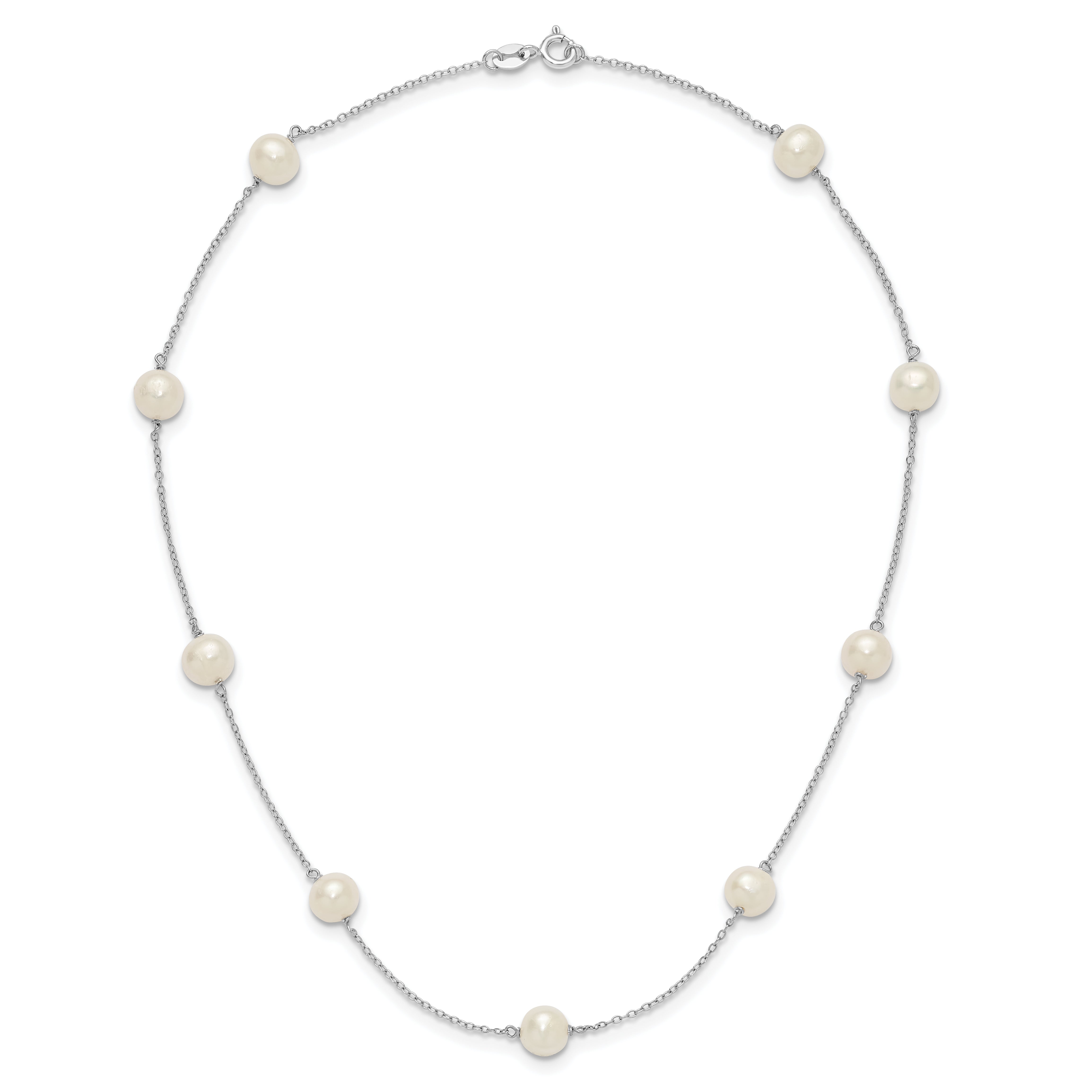 Sterling Silver Rhodium-plated 7-8mm White Near-Round Freshwater Cultured Pearl 9-Station 16 inch Necklace