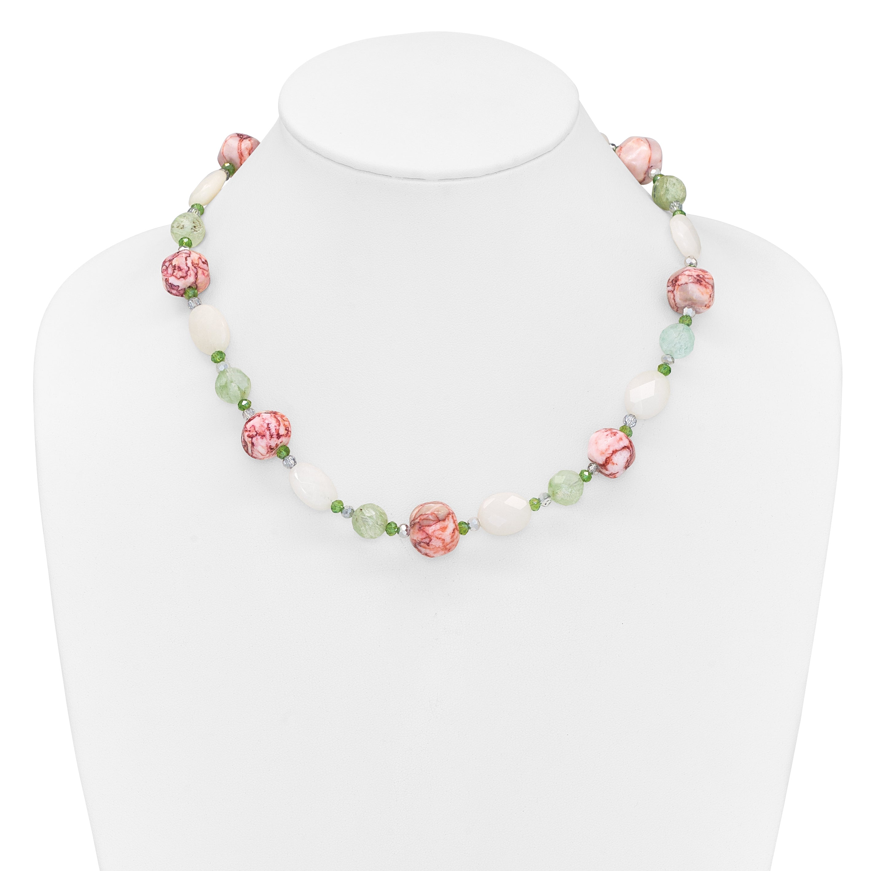 Sterling Silver Aventurine Crystal Jade and Jasper 18 inch Necklace with 2 inch extension