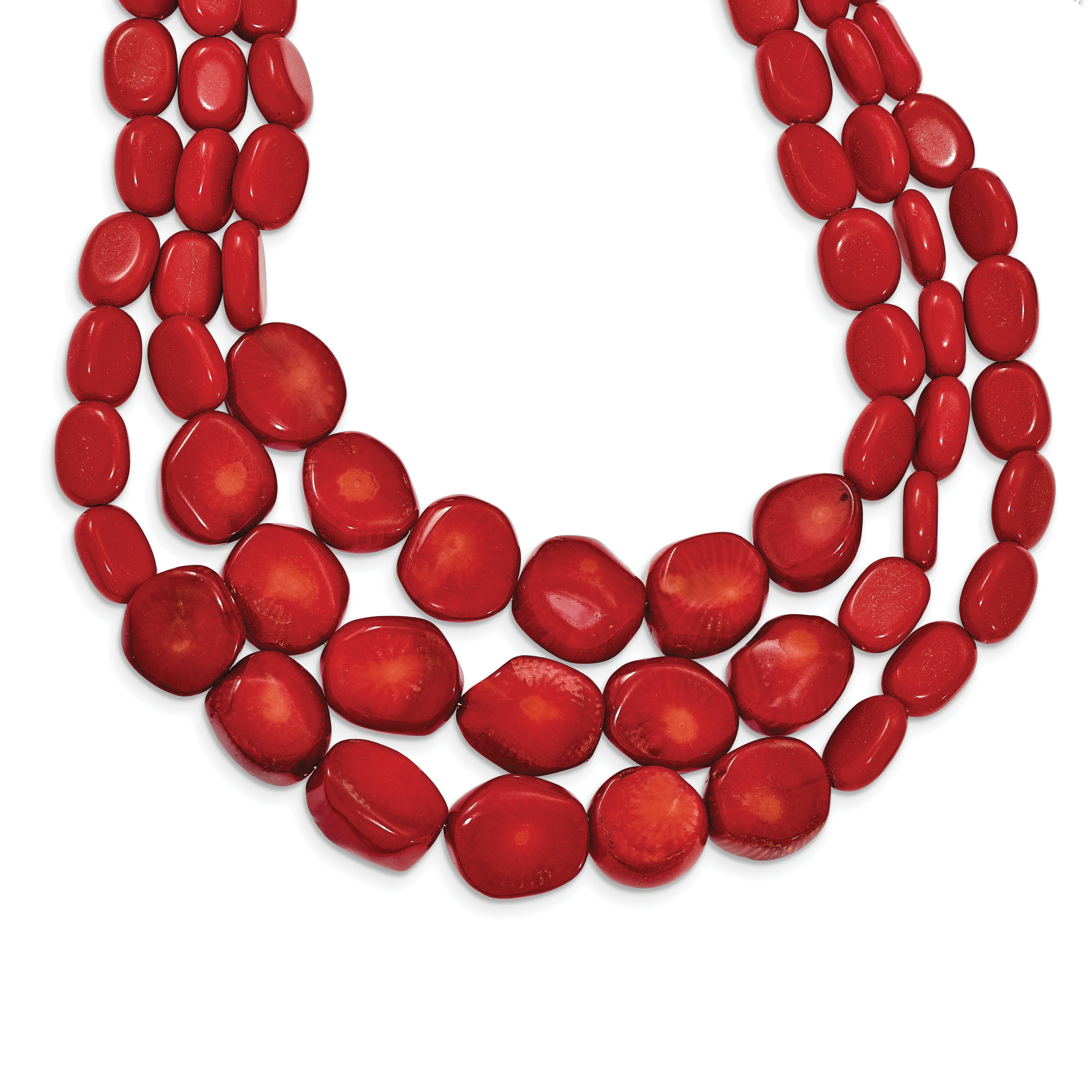 Sterling Silver Triple Strand Red Coral 16 inch Necklace with 2 inch extension