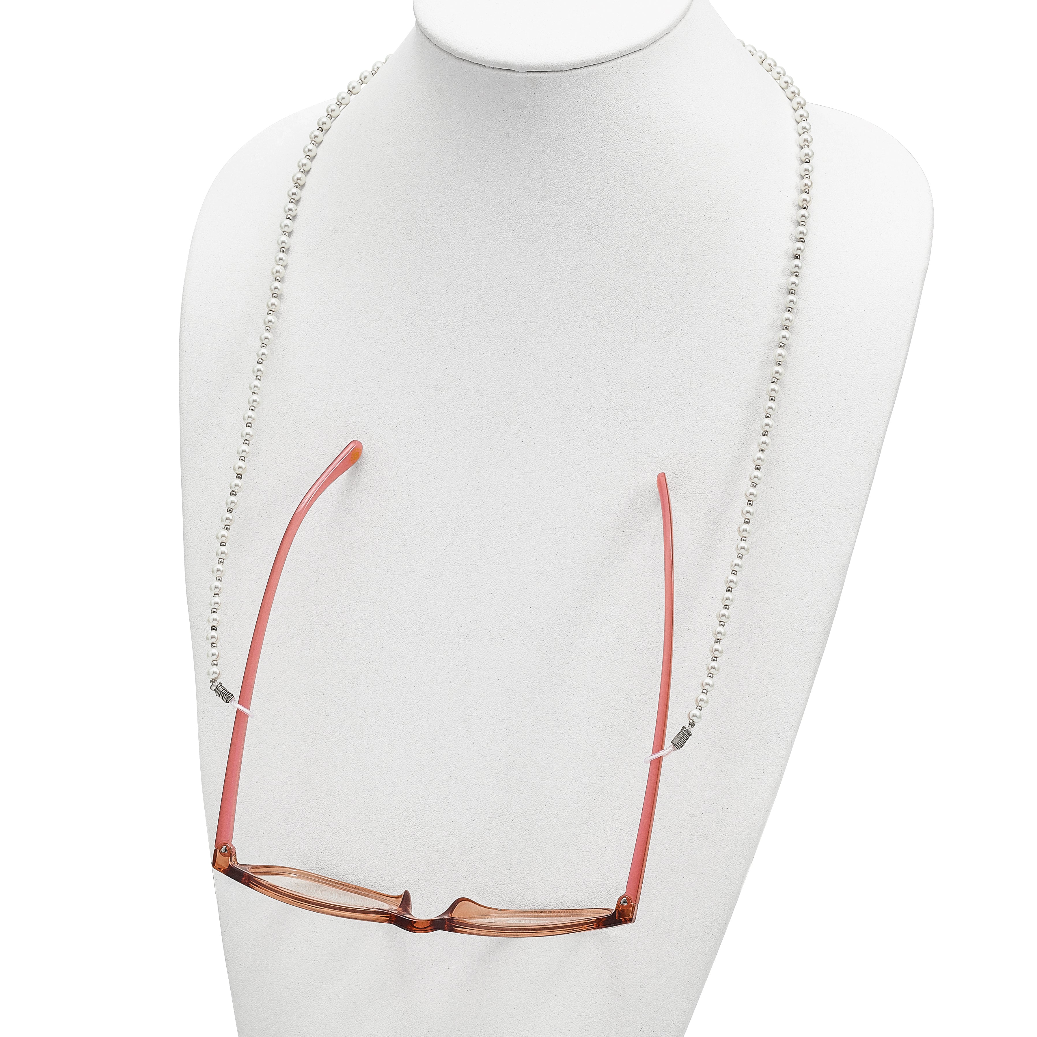 4-5mm White Round Imitation Shell Pearl with Glass Bead 24 inch Eyewear Chain