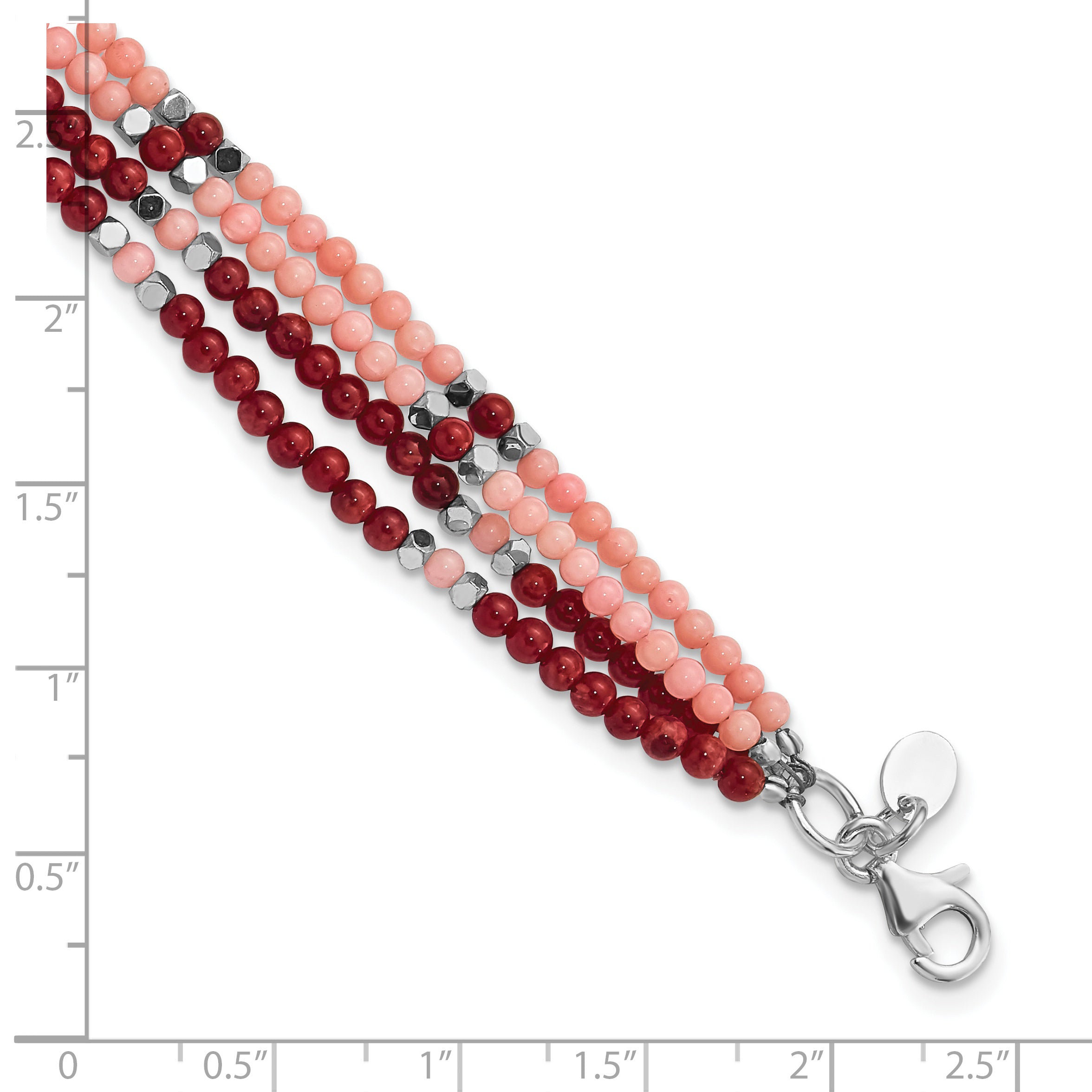 Sterling Silver Hematite, Red & Peach Coral 4-Strand w/1in ext. Bracelet