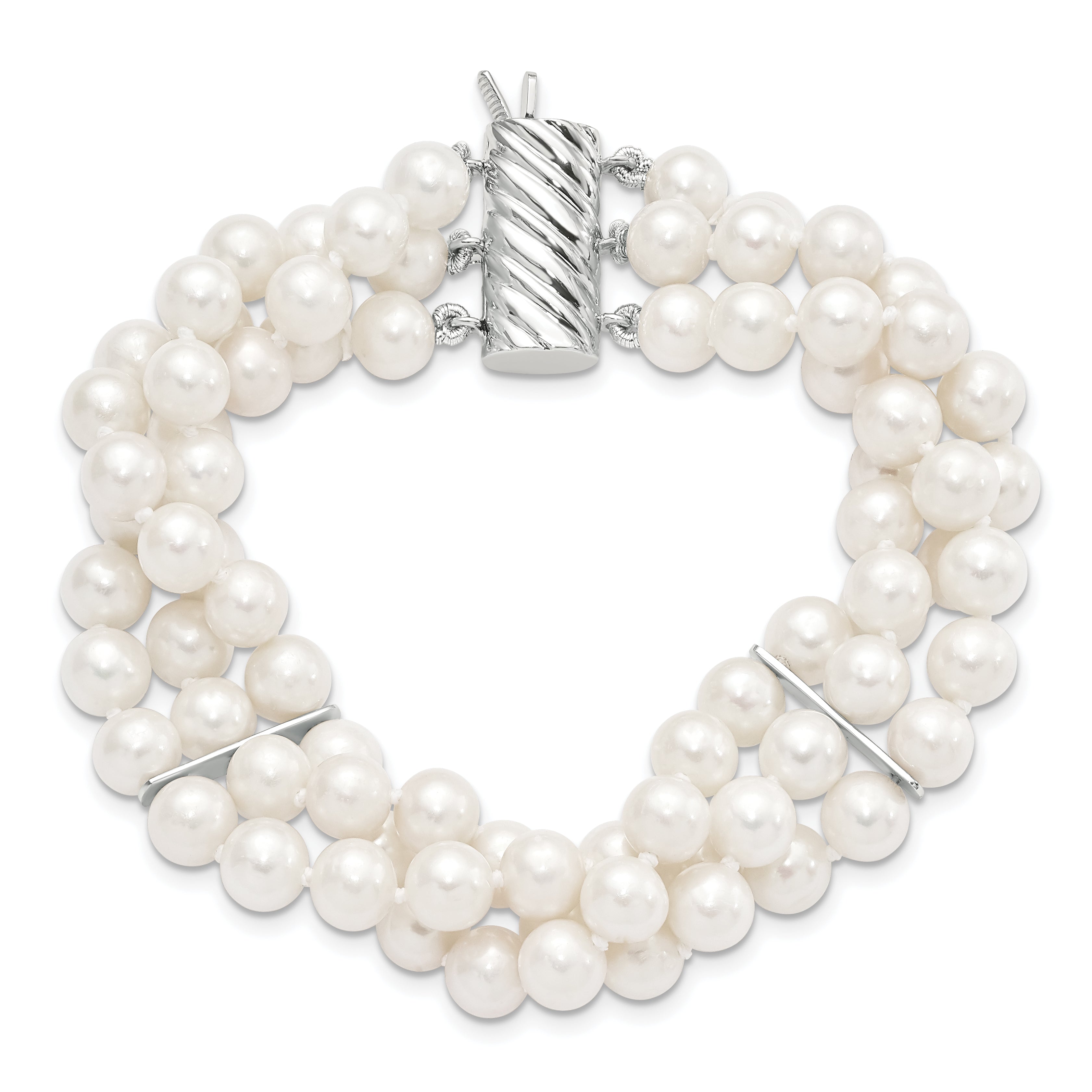 Sterling Silver Rhodium-plated 6-7mm White Near-Round Freshwater Cultured Pearl 3-Strand 7.5 inch Bracelet