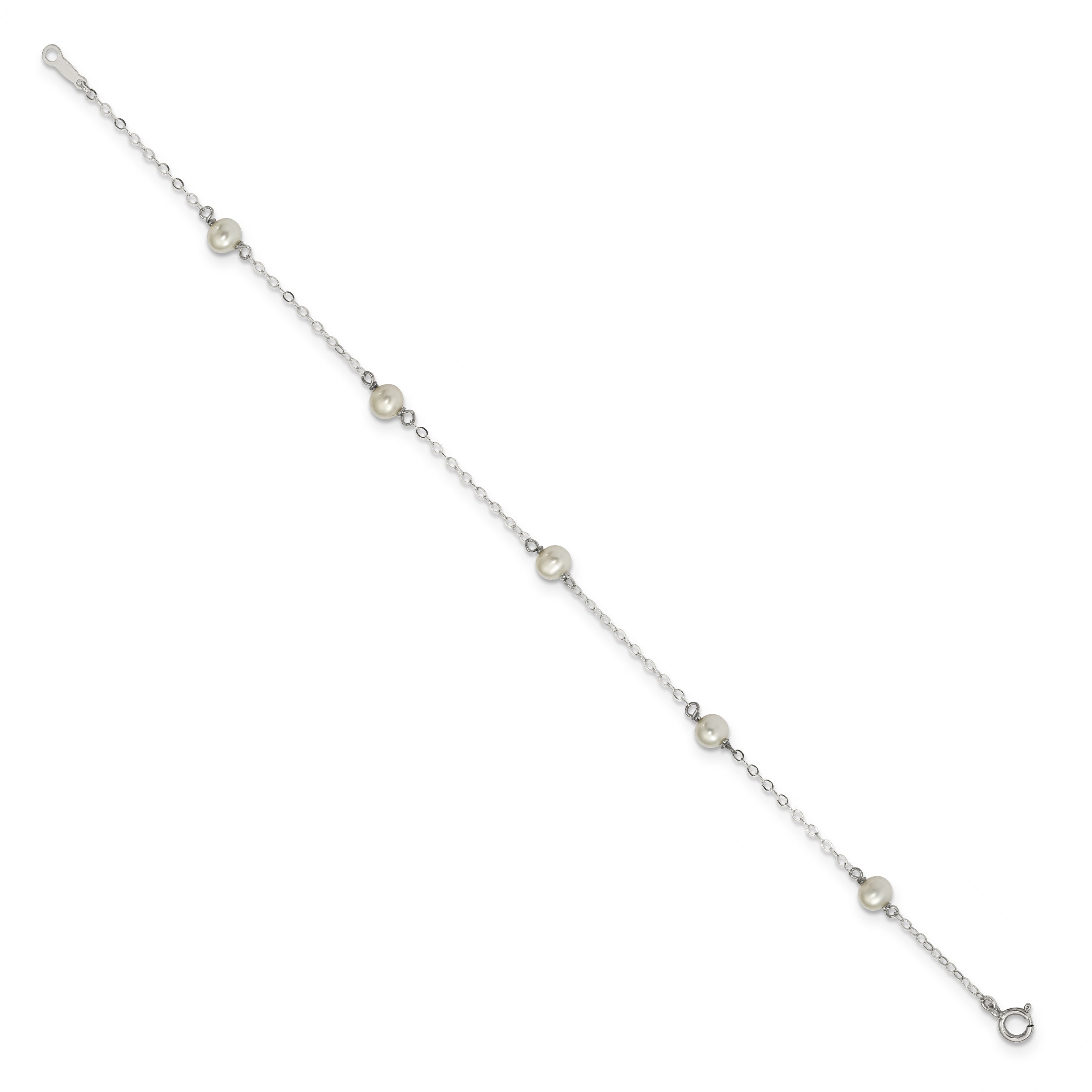 Sterling Silver Rhodium-plated 4-5mm White Semi-Round Freshwater Cultured Pearl 5-Station 7 inch Bracelet