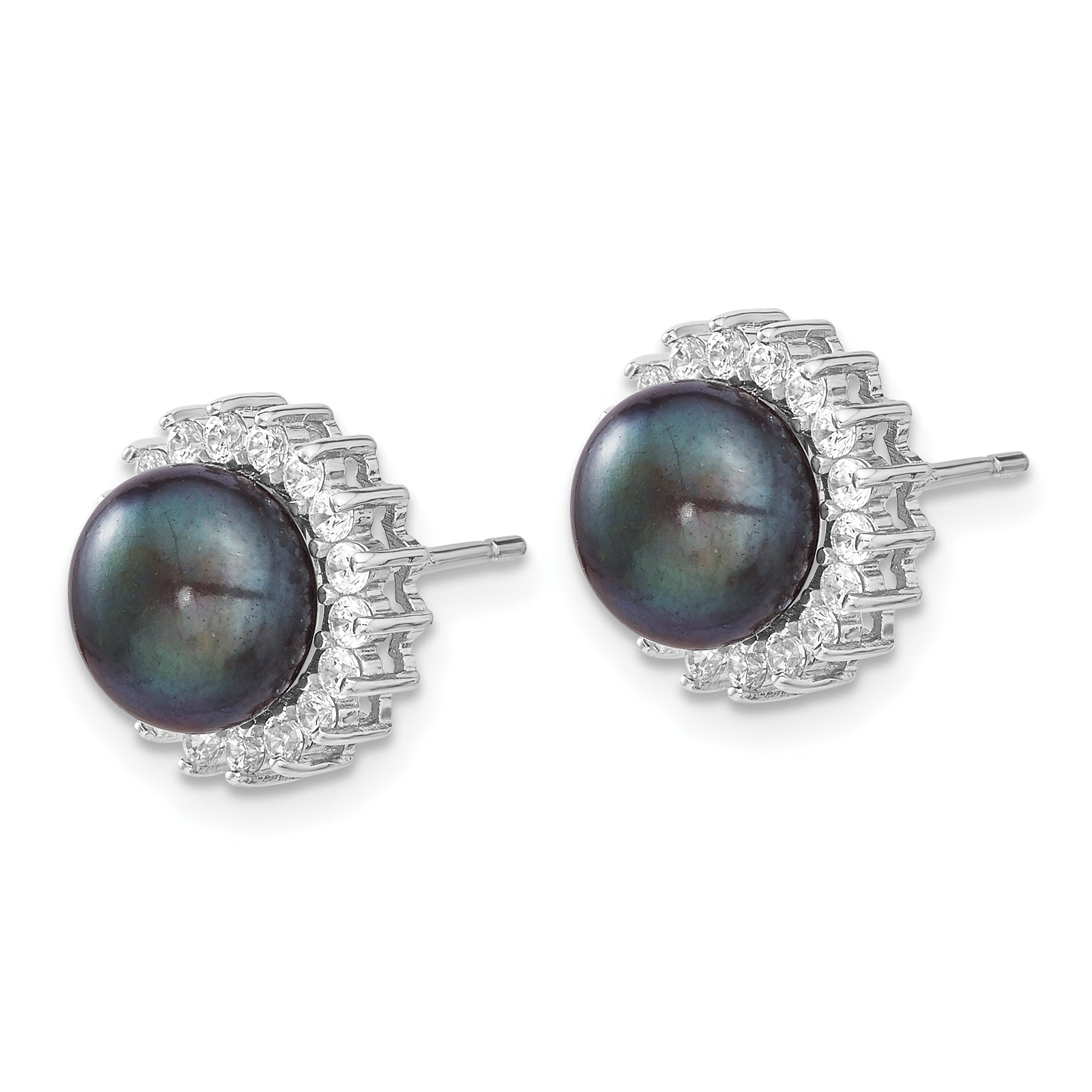 Sterling Silver Rhodium-plated 8-9mm Black Button Freshwater Cultured Pearl and CZ 17 inch Necklace and Post Earrings Set