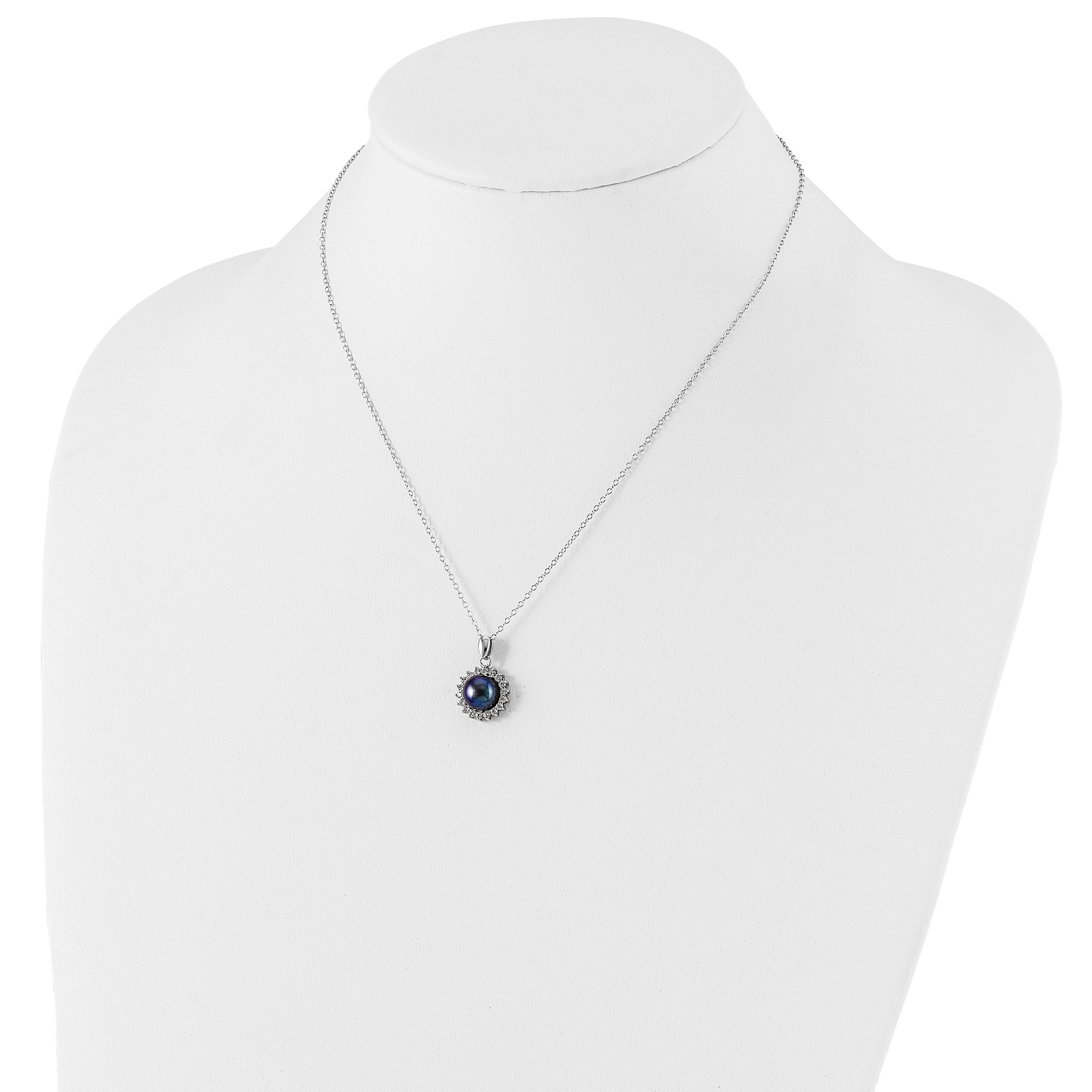 Sterling Silver Rhodium-plated 8-9mm Black Button Freshwater Cultured Pearl and CZ 17 inch Necklace and Post Earrings Set