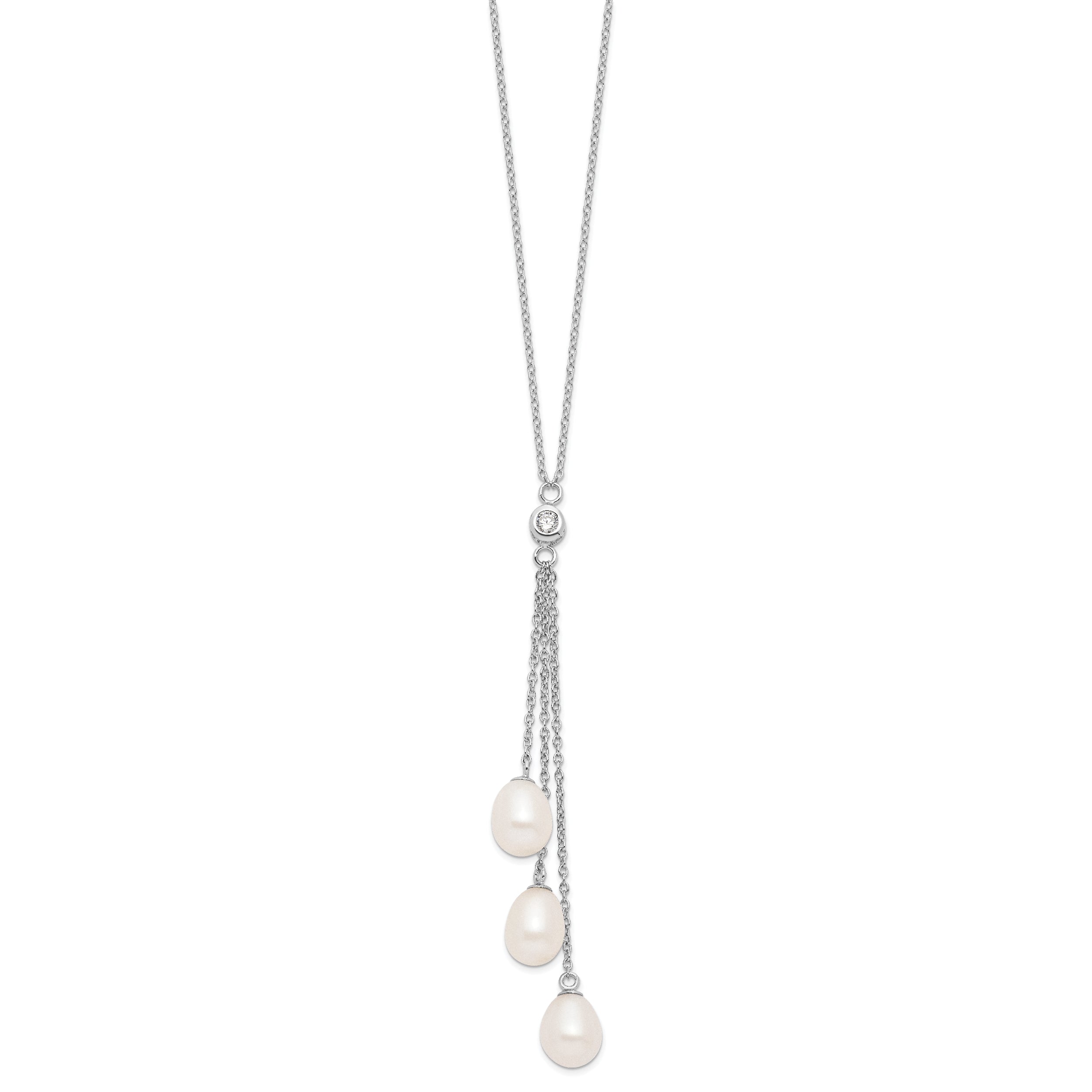 Sterling Silver Rhodium-plated 7-8mm White Teardrop Freshwater Cultured Pearl and CZ Drop 18 inch Necklace