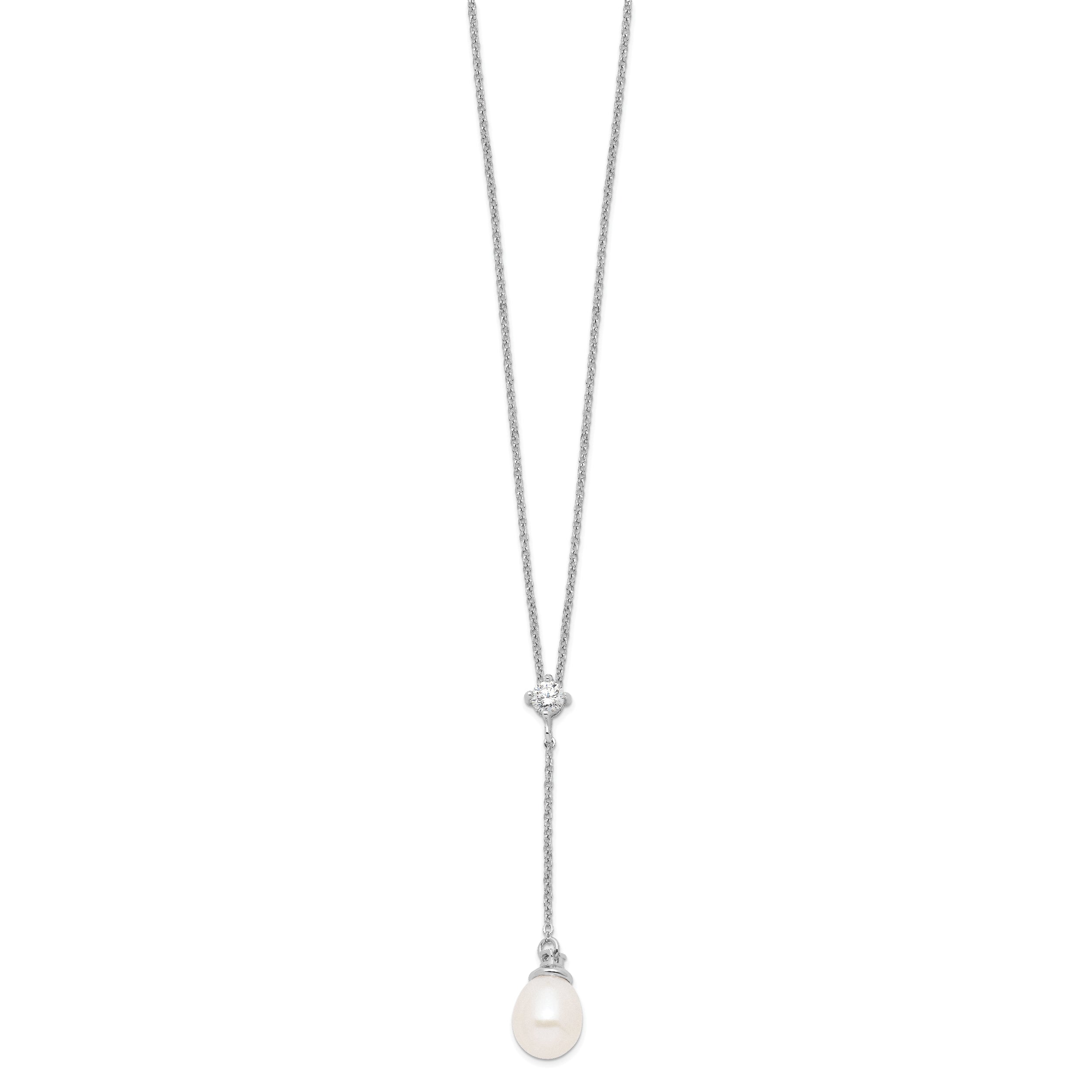 Sterling Silver Rhodium-plated 8-9mm White Teardrop Freshwater Cultured Pearl and CZ Drop 18 inch Necklace