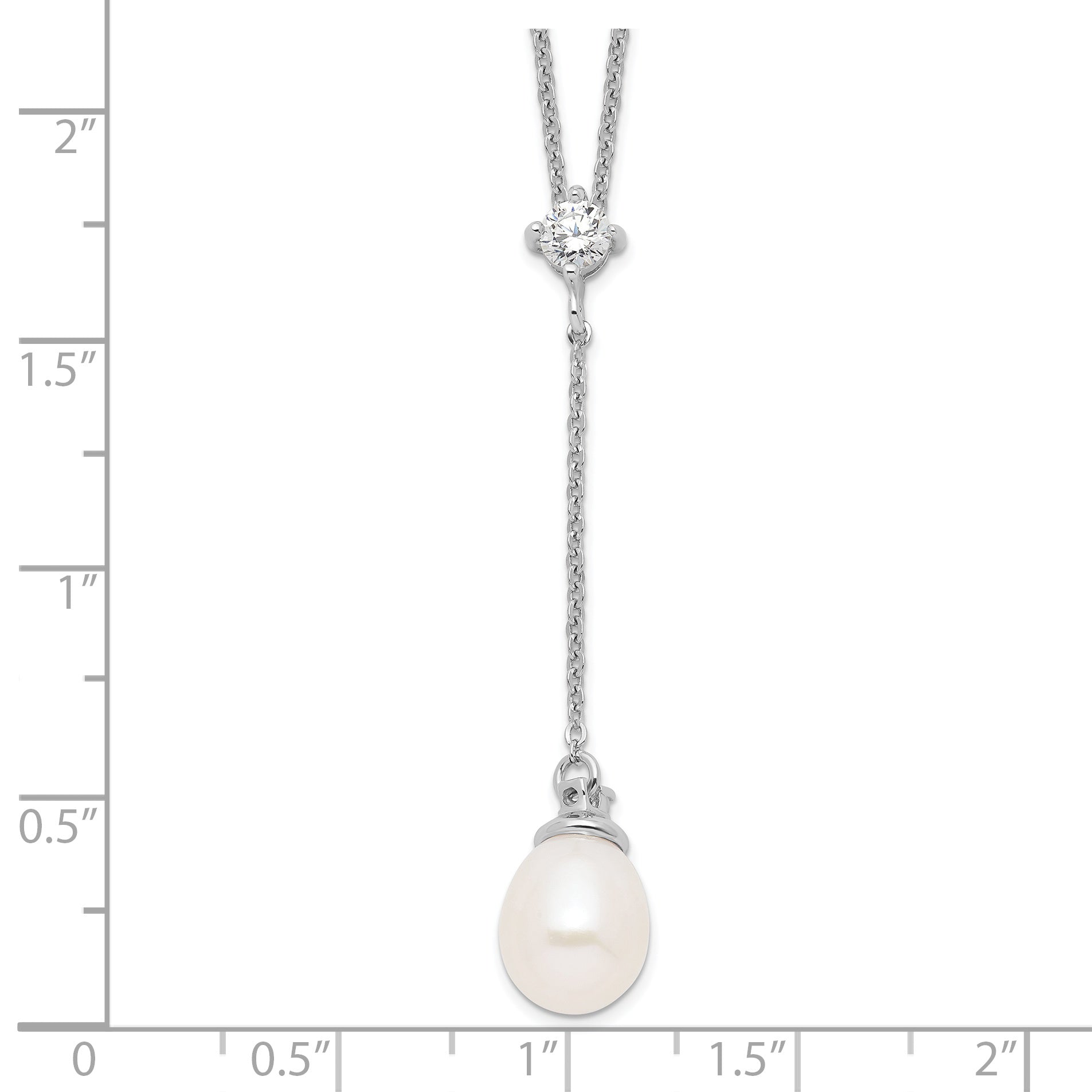 Sterling Silver Rhodium-plated 8-9mm White Teardrop Freshwater Cultured Pearl and CZ Drop 18 inch Necklace