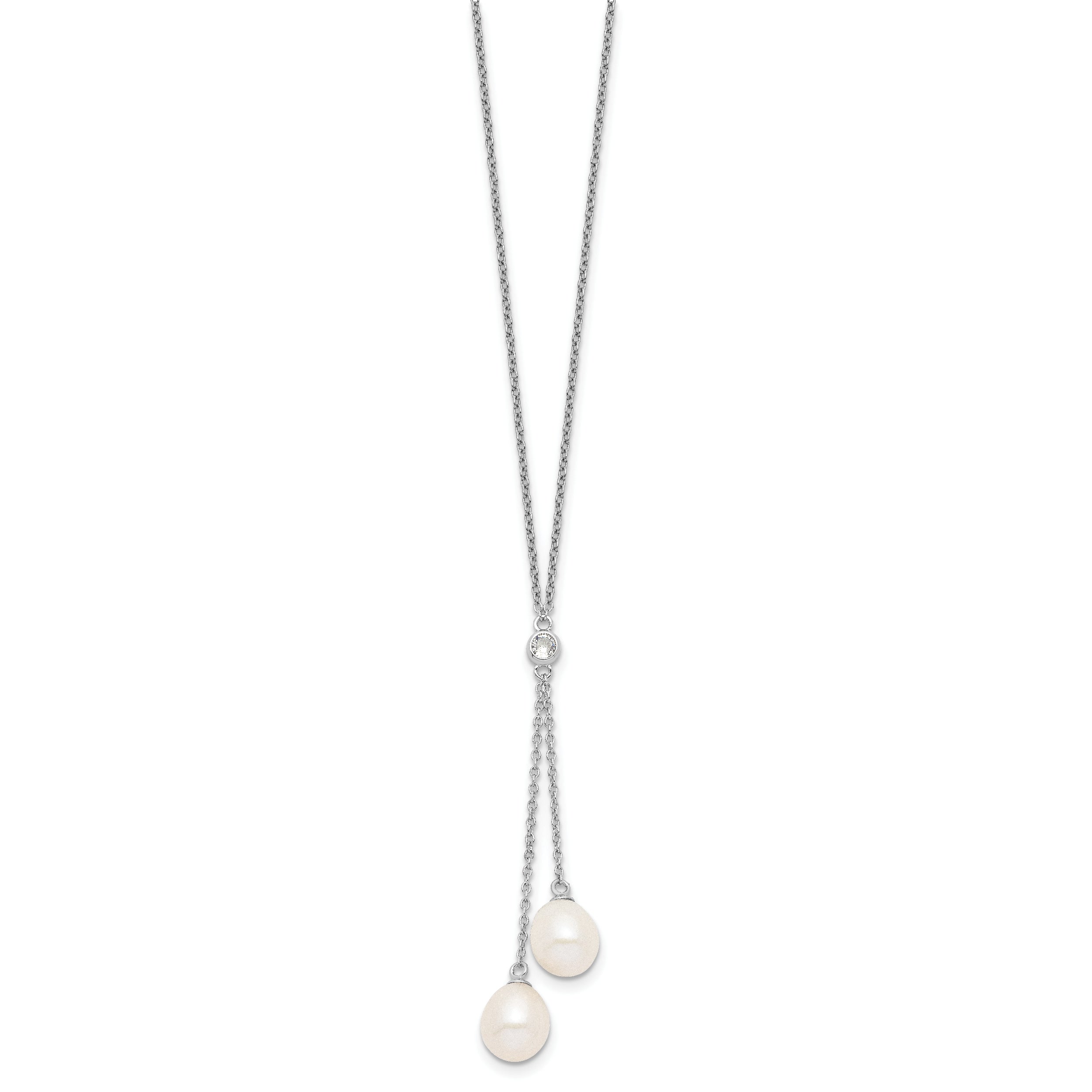 Sterling Silver Rhodium-plated 8-9mm White Rice Freshwater Cultured Pearl and CZ Dangle 18 inch Necklace