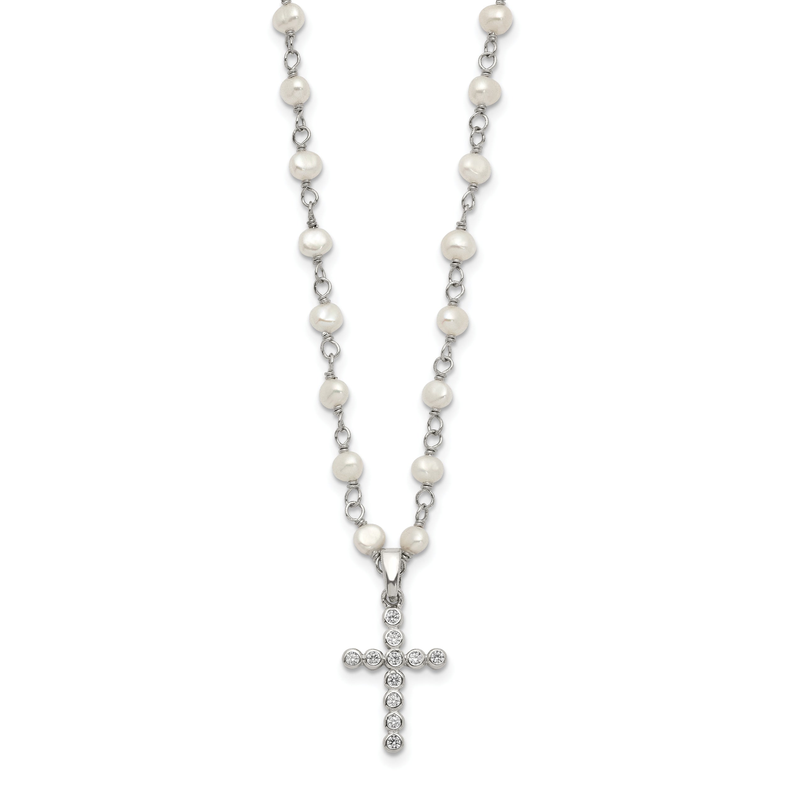 Sterling Silver Rhodium-plated 4-5mm White Near-Round Freshwater Cultured Pearl and CZ Cross 21 inch Necklace