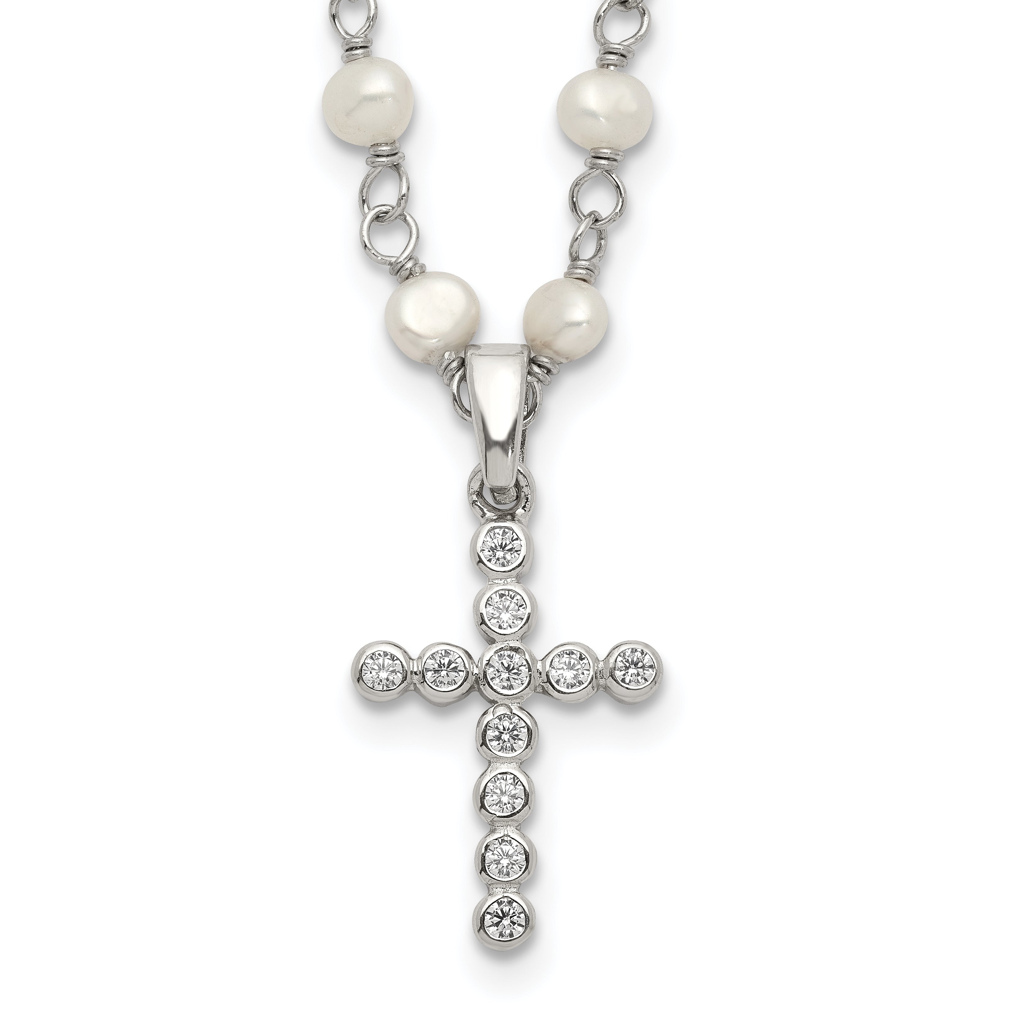 Sterling Silver Rhodium-plated 4-5mm White Near-Round Freshwater Cultured Pearl and CZ Cross 21 inch Necklace
