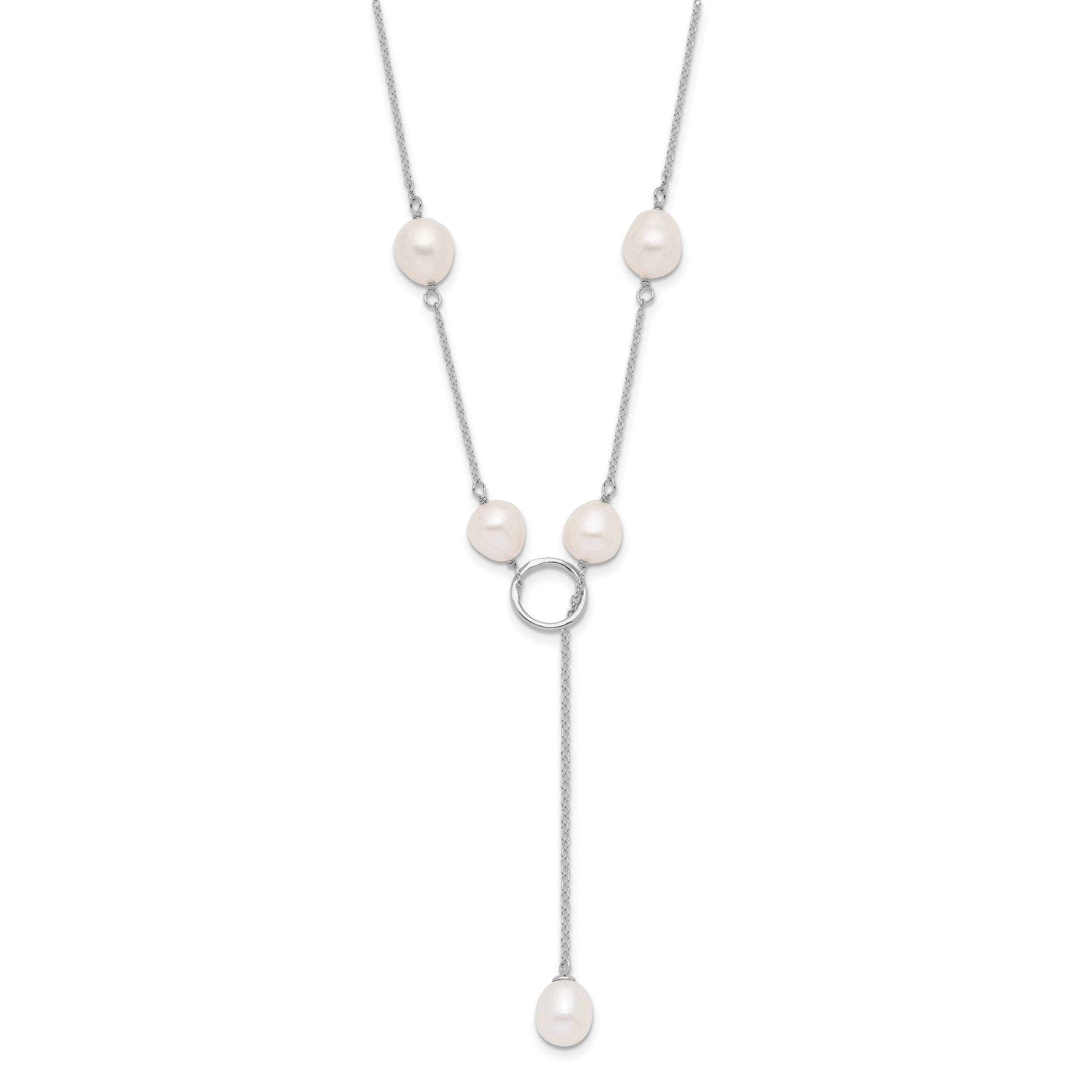 Sterling Silver Rhodium-plated 7-8mm White Teardrop Freshwater Cultured Pearl 13-Station Adjustable Drop Toggle 19 inch Necklace